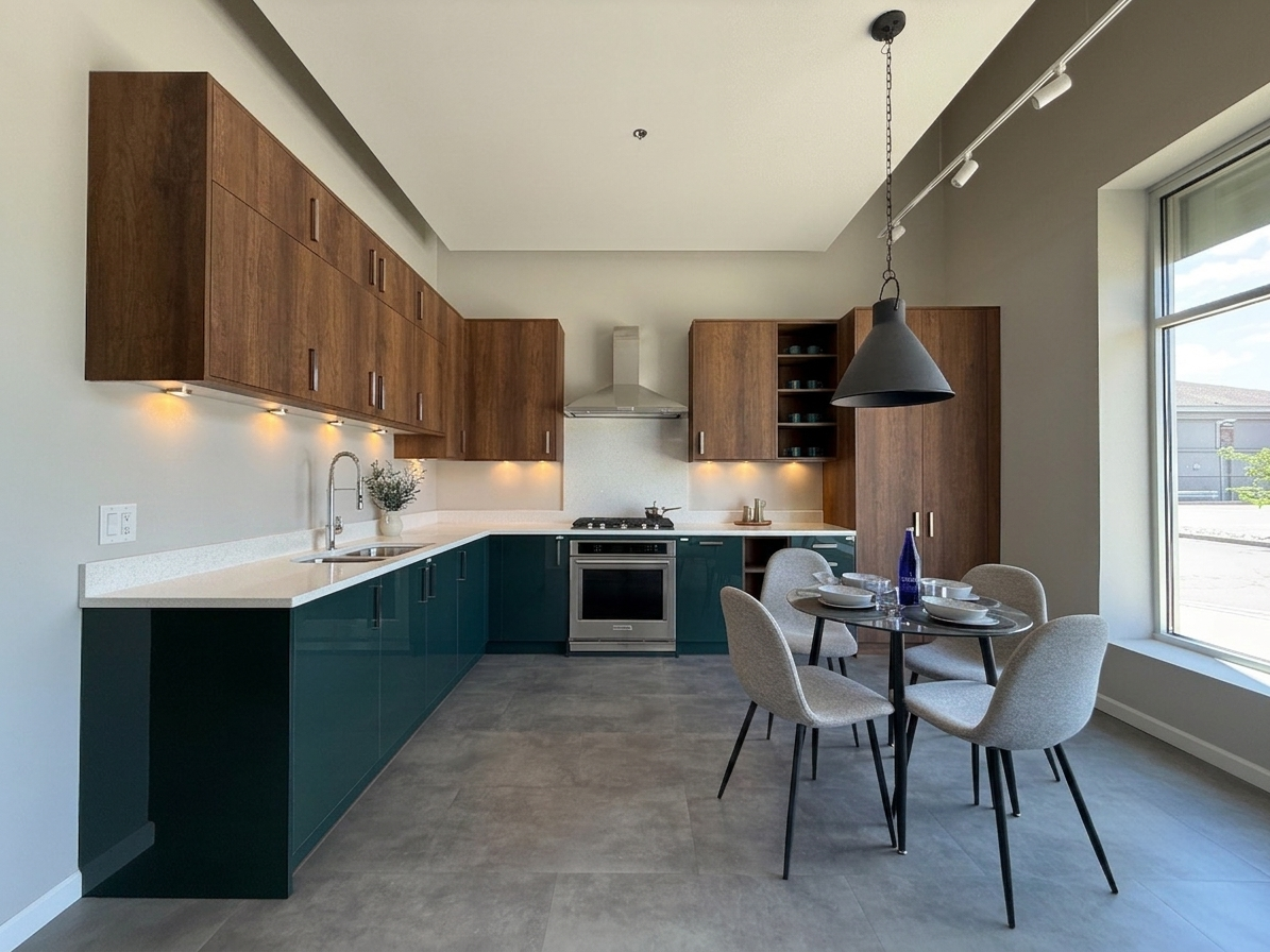 Wren showroom kitchen with wood cabinetry, dark green base cabinets and an L-shaped countertop