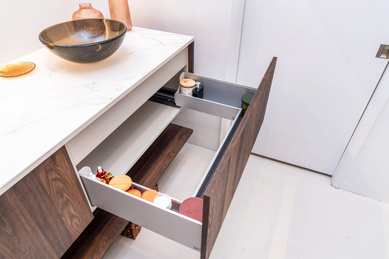 Poggenpohl Smoked Oak Vertical Grain Floating Vanity with Mirror