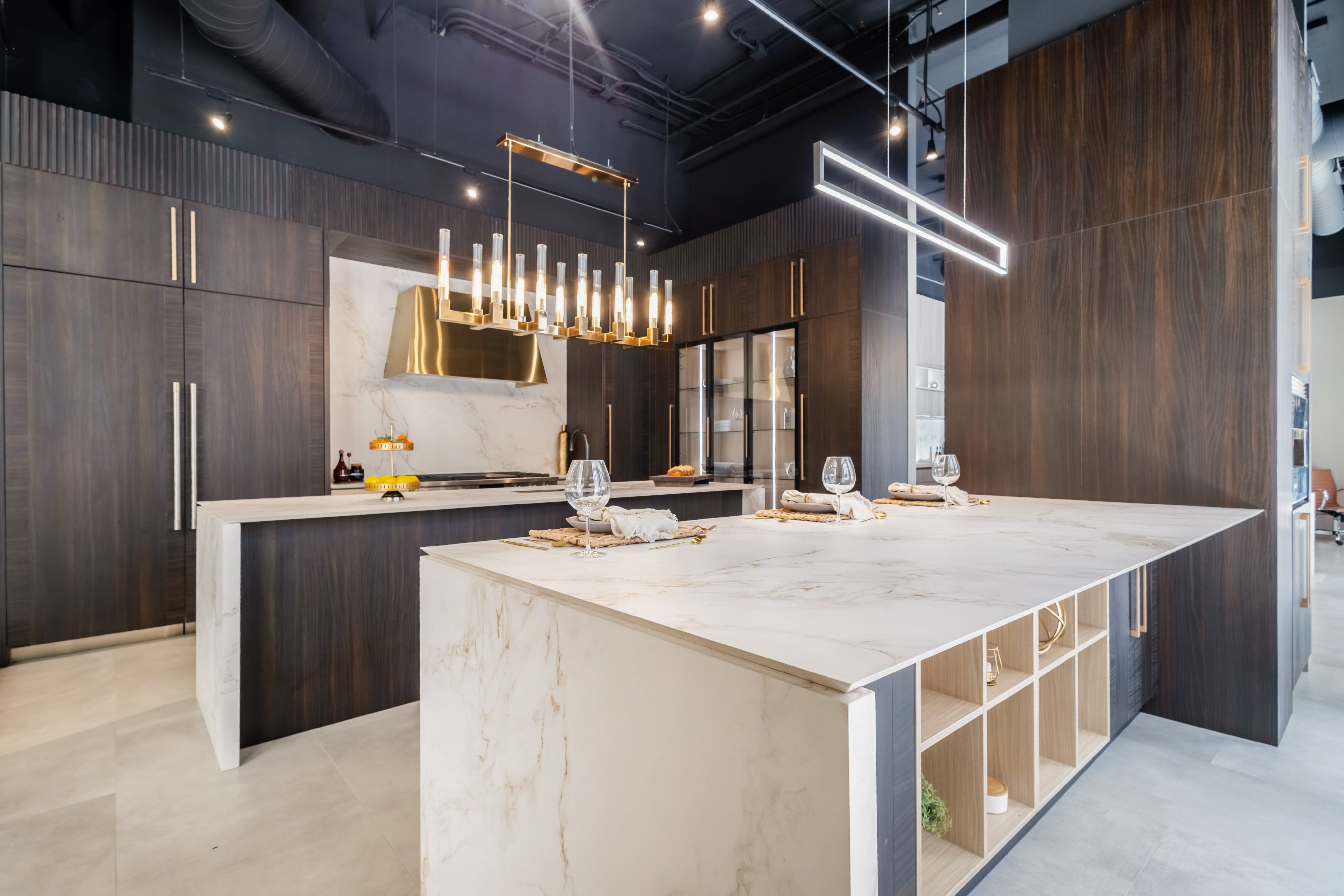 Azzurri Casa Transitional Kitchen with Double Waterfall Island, Dekton Countertops & Monogram Appliances