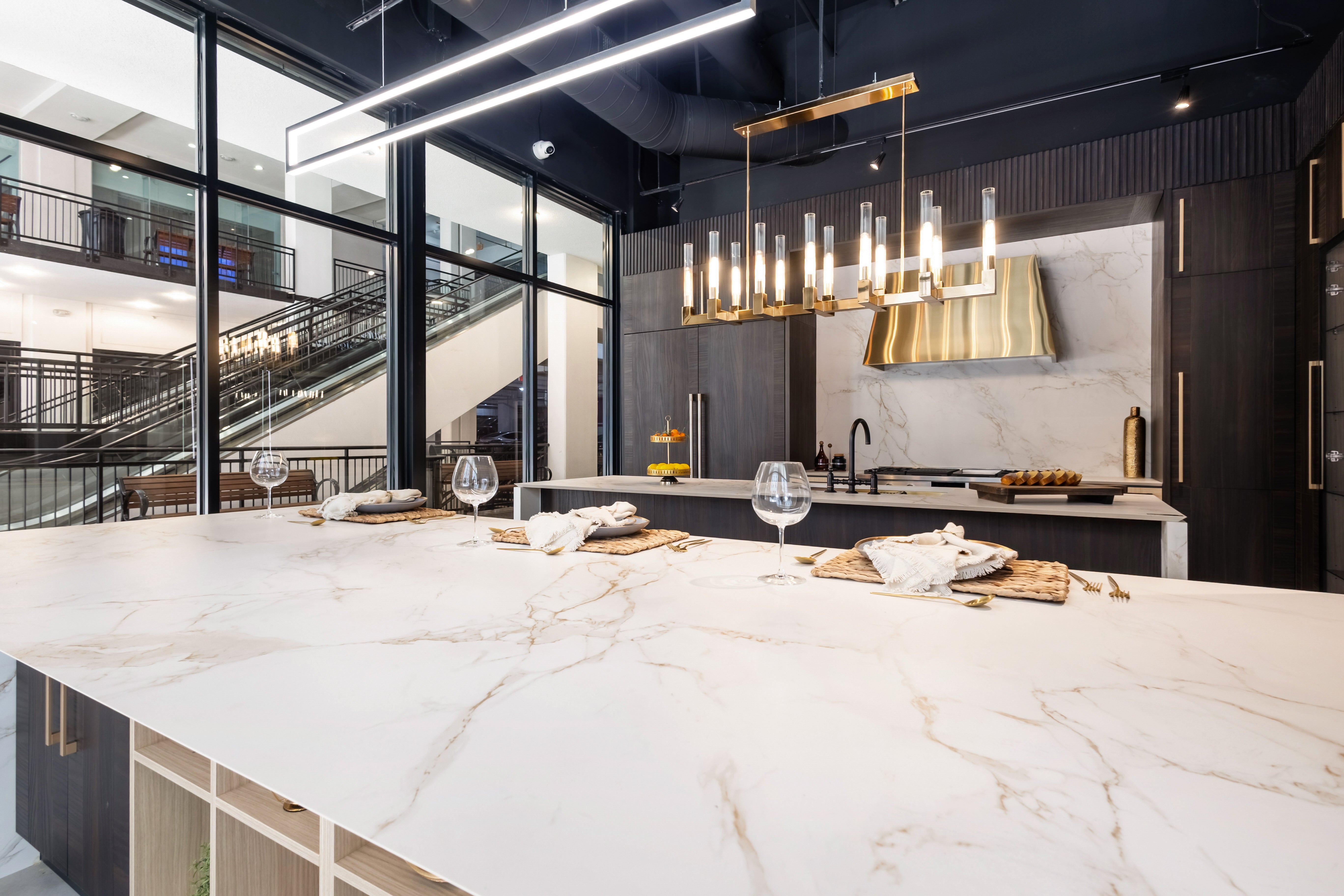 Azzurri Casa Transitional Kitchen with Double Waterfall Island, Dekton Countertops & Monogram Appliances