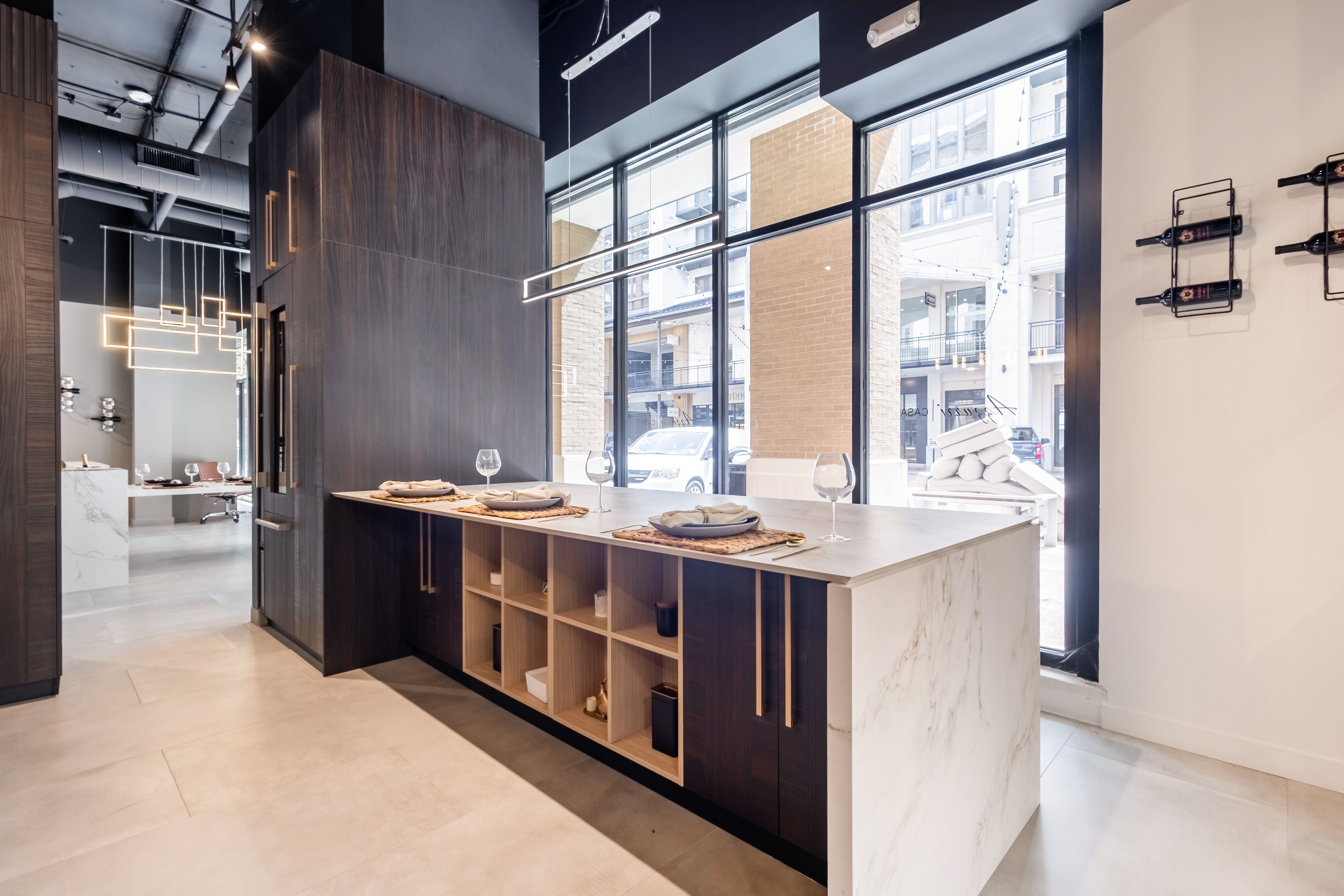 Azzurri Casa Transitional Kitchen with Double Waterfall Island, Dekton Countertops & Monogram Appliances