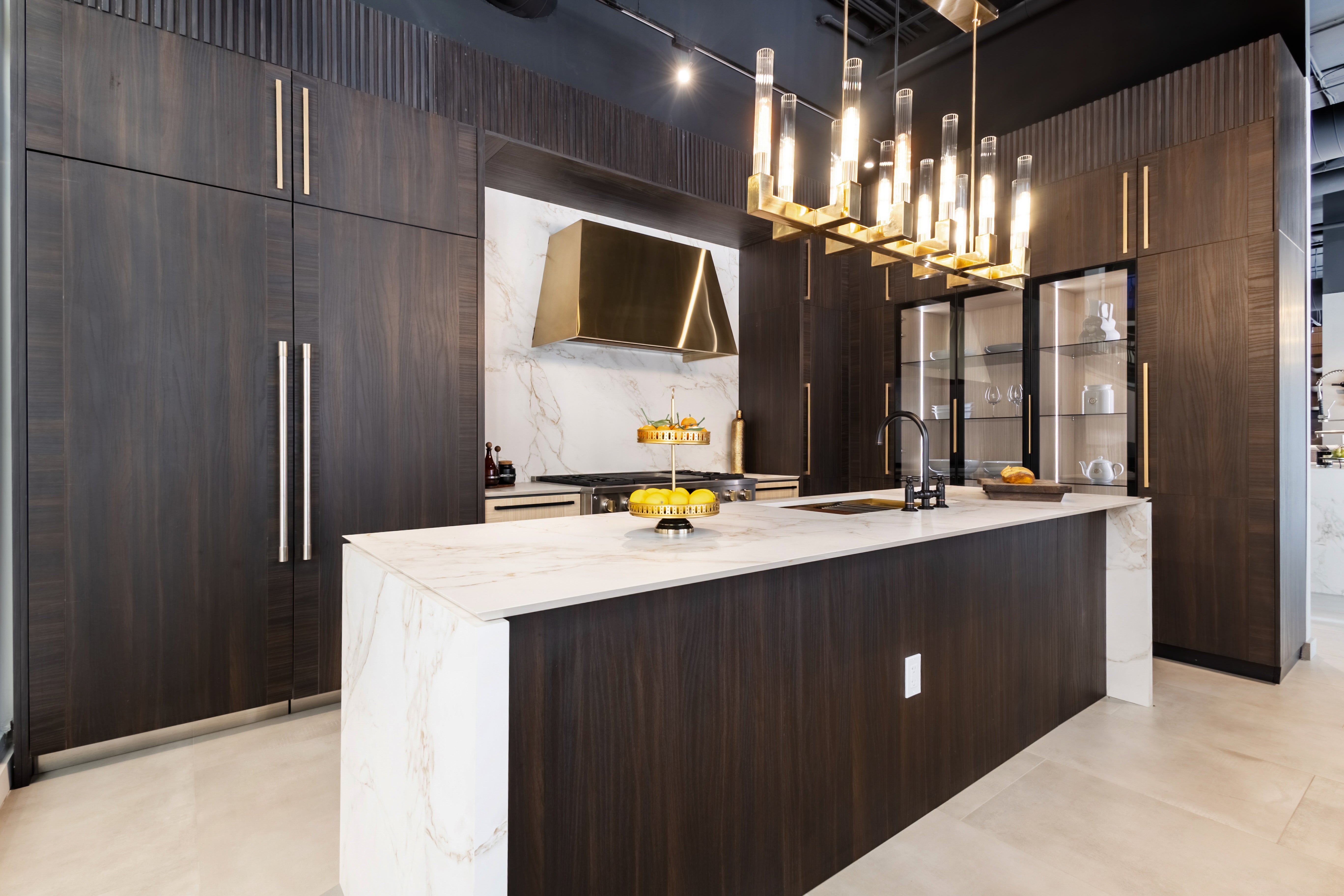 Azzurri Casa Transitional Kitchen with Double Waterfall Island, Dekton Countertops & Monogram Appliances