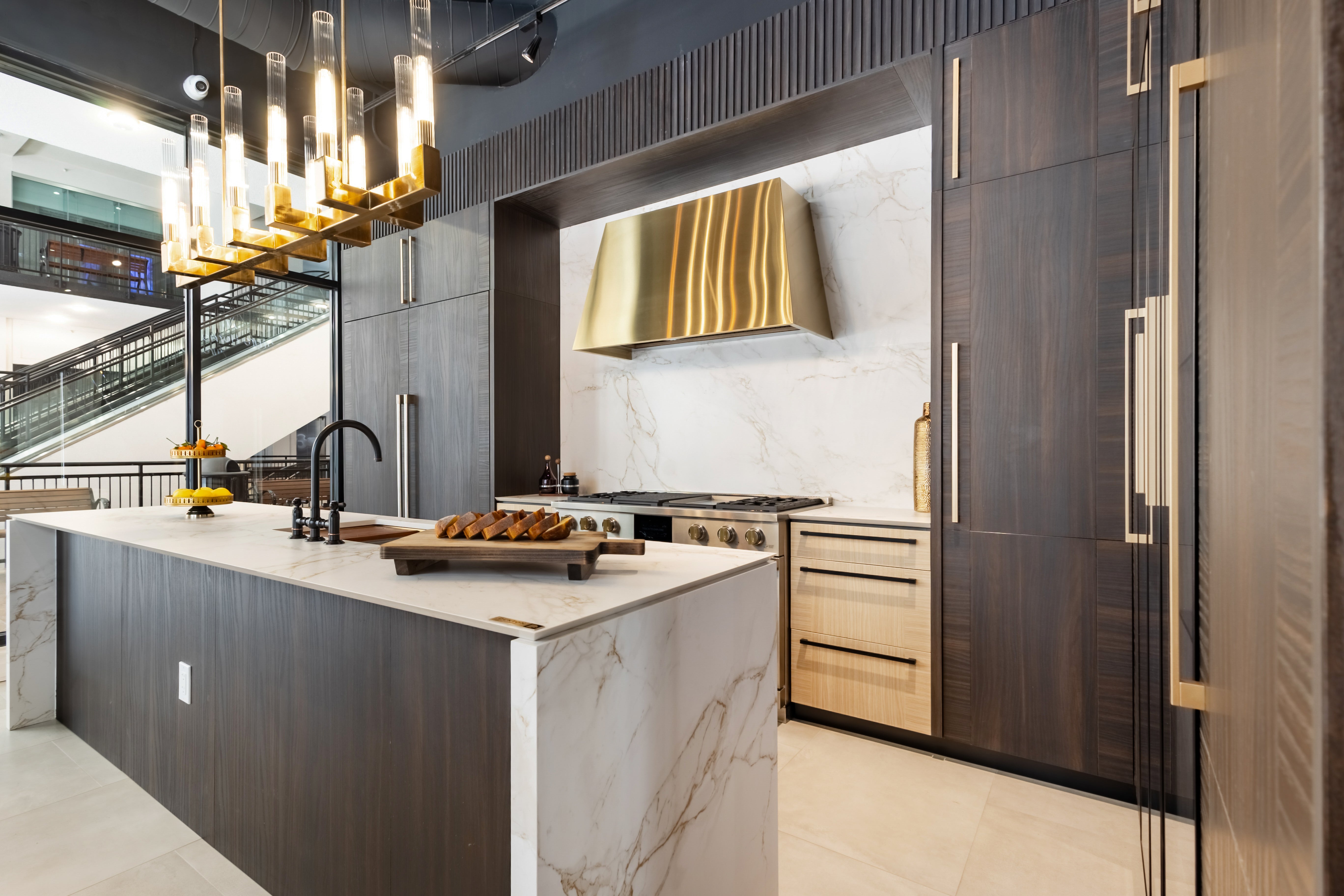 Azzurri Casa Transitional Kitchen with Double Waterfall Island, Dekton Countertops & Monogram Appliances