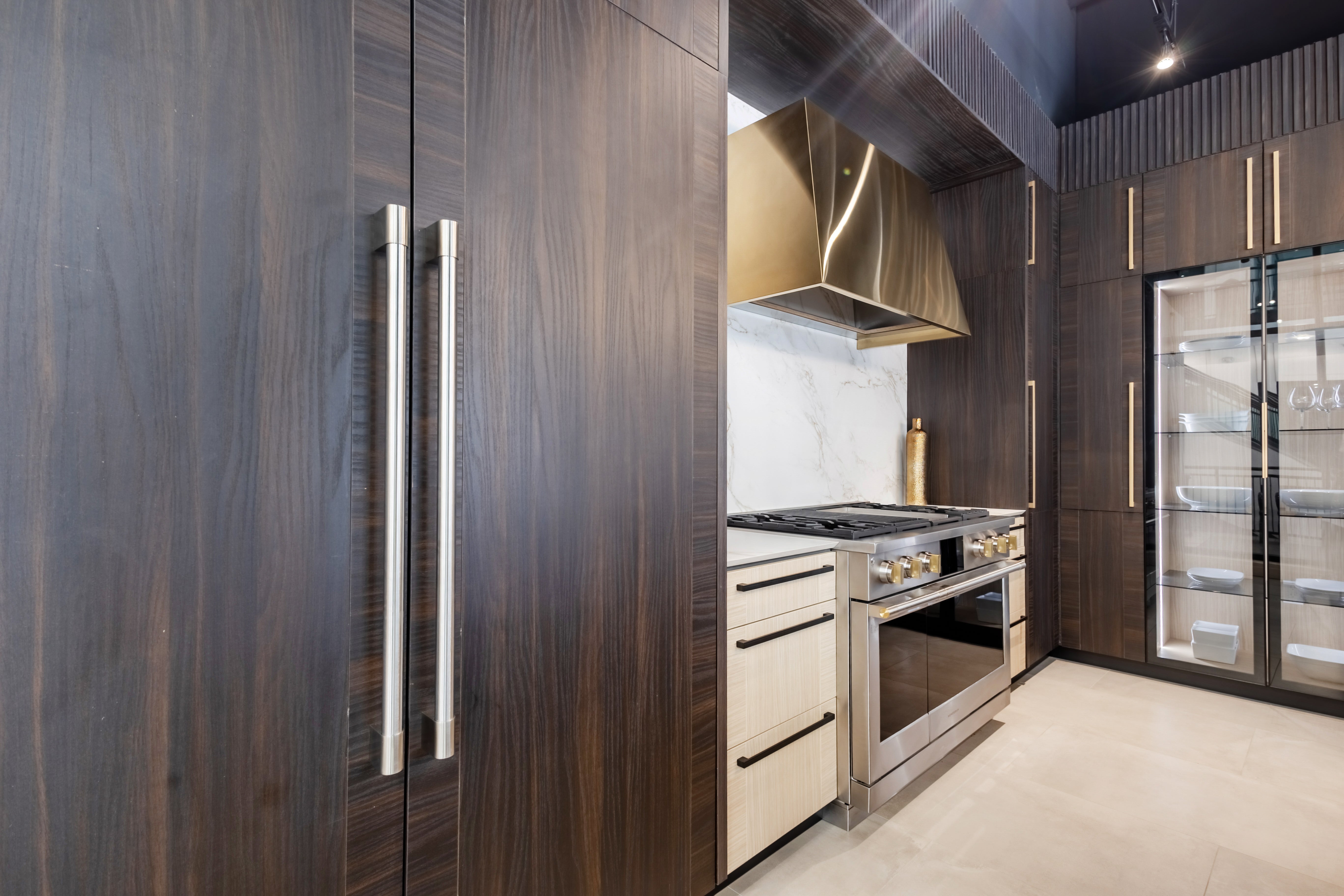 Azzurri Casa Transitional Kitchen with Double Waterfall Island, Dekton Countertops & Monogram Appliances