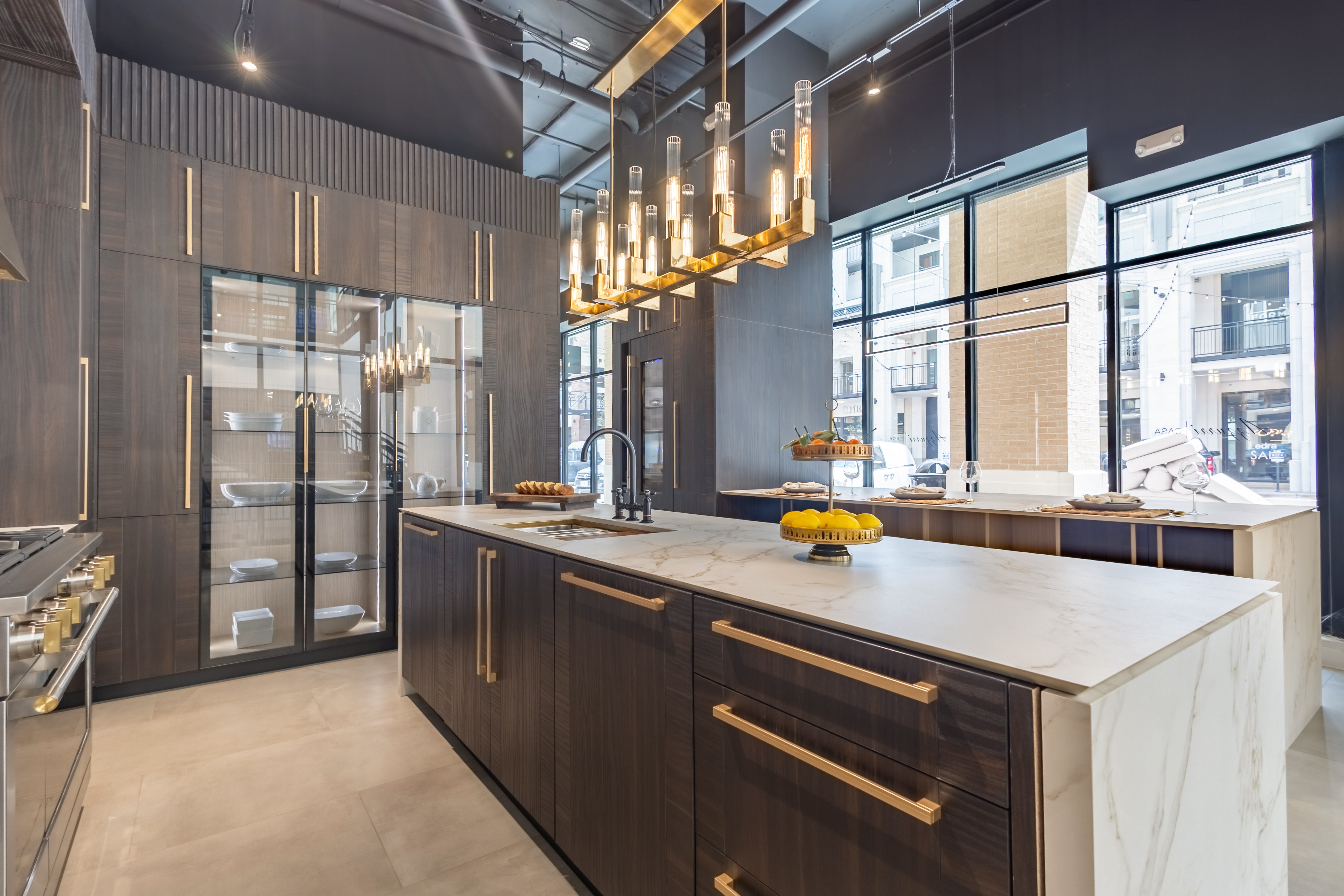 Azzurri Casa Transitional Kitchen with Double Waterfall Island, Dekton Countertops & Monogram Appliances