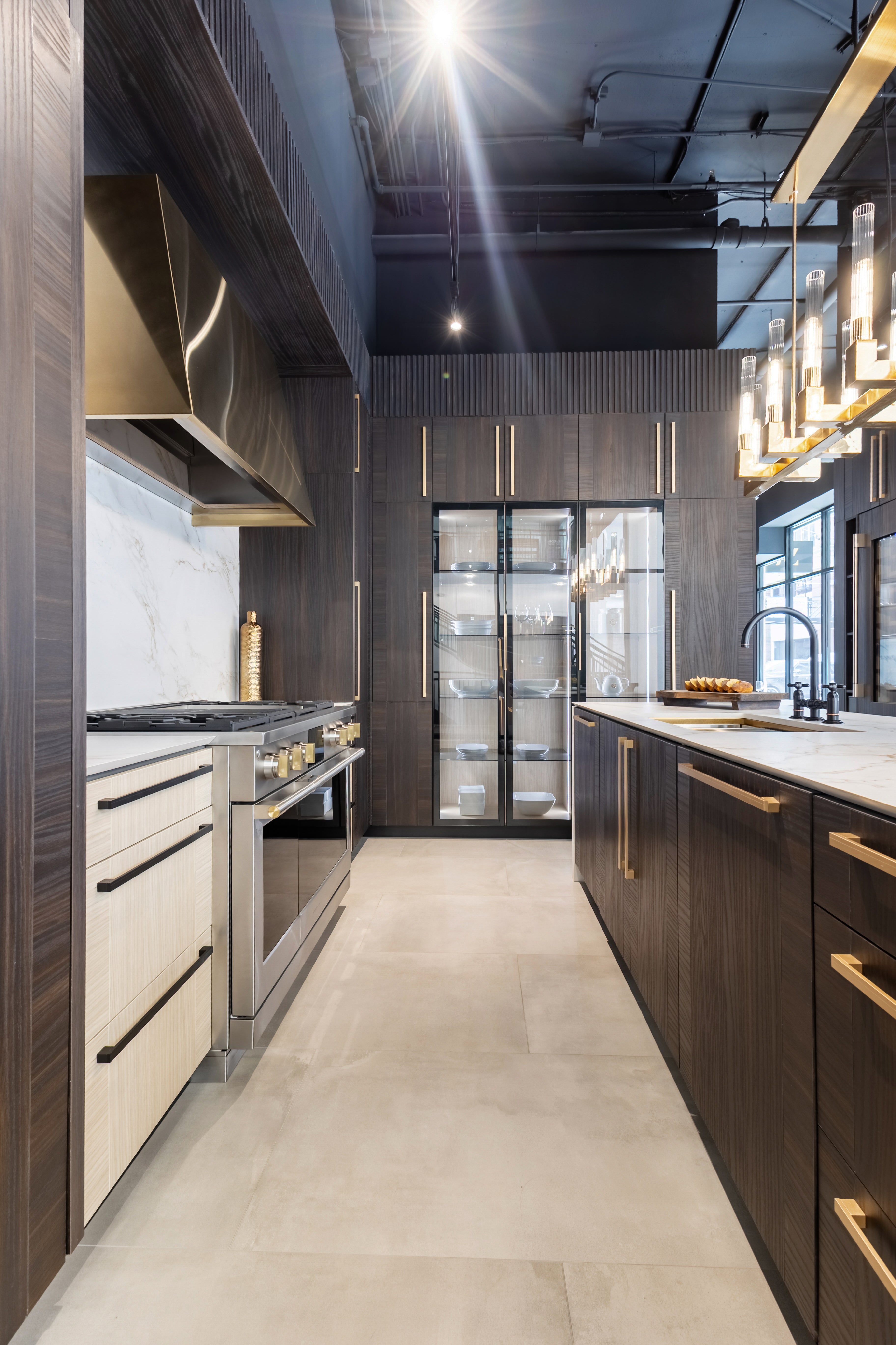 Azzurri Casa Transitional Kitchen with Double Waterfall Island, Dekton Countertops & Monogram Appliances