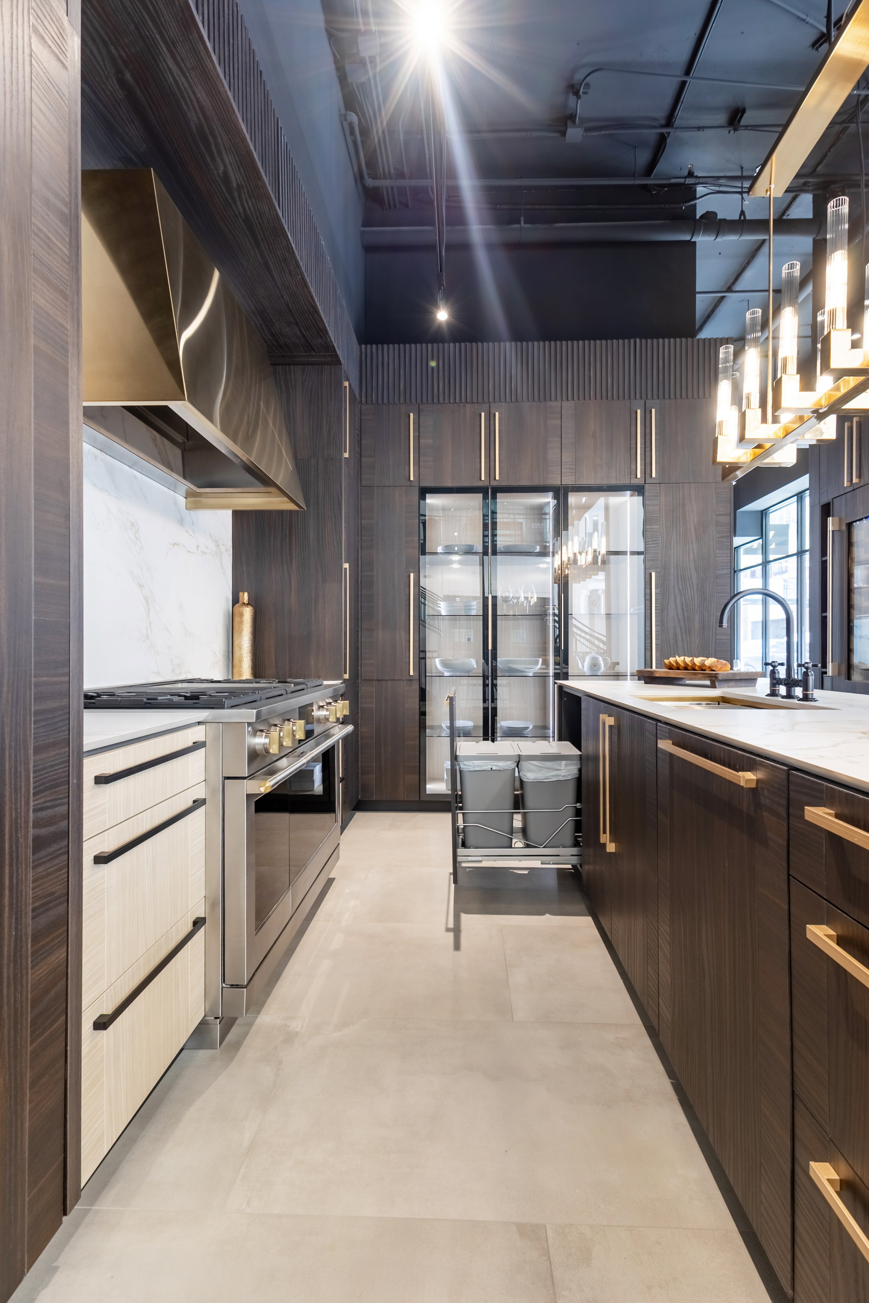 Azzurri Casa Transitional Kitchen with Double Waterfall Island, Dekton Countertops & Monogram Appliances