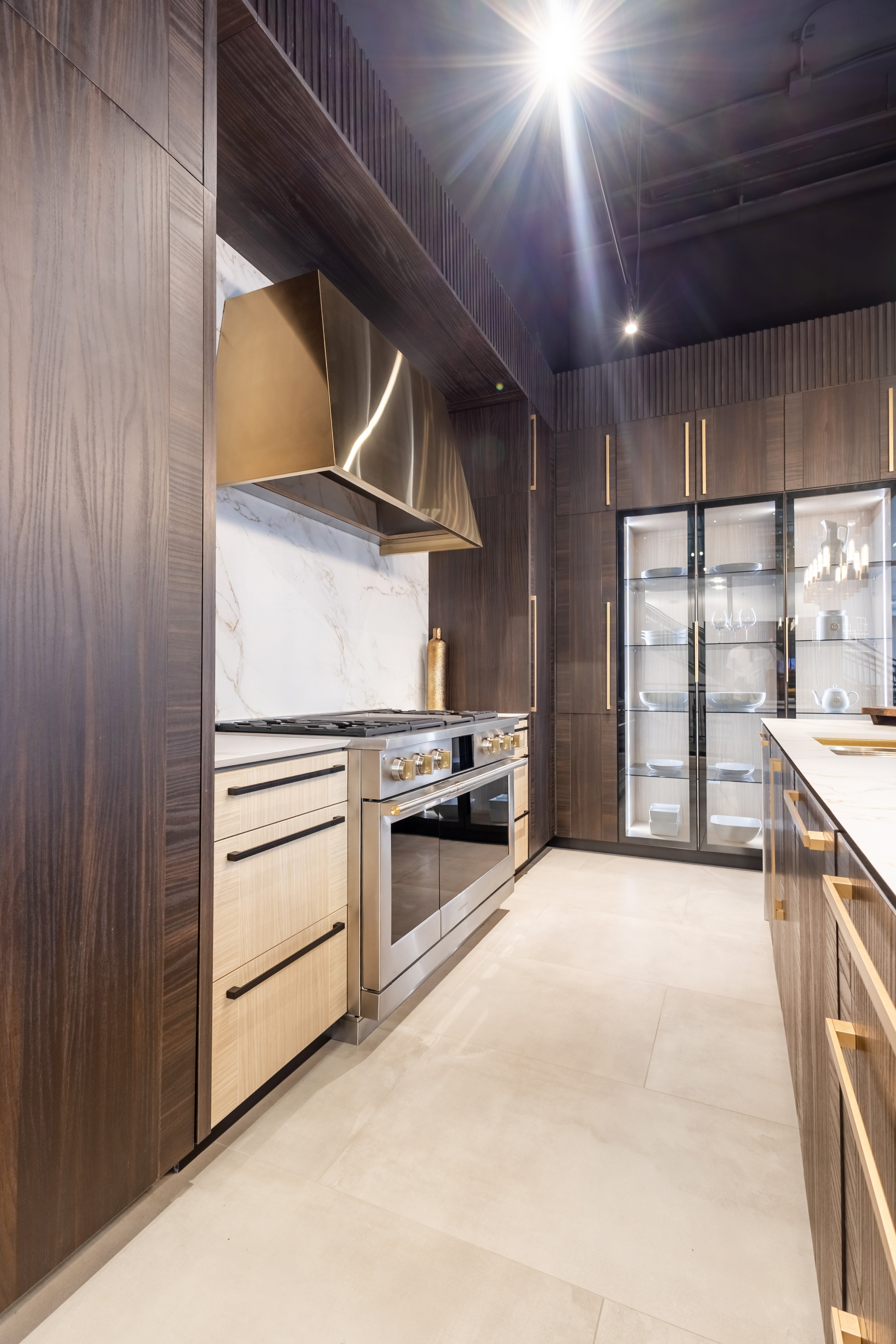 Azzurri Casa Transitional Kitchen with Double Waterfall Island, Dekton Countertops & Monogram Appliances