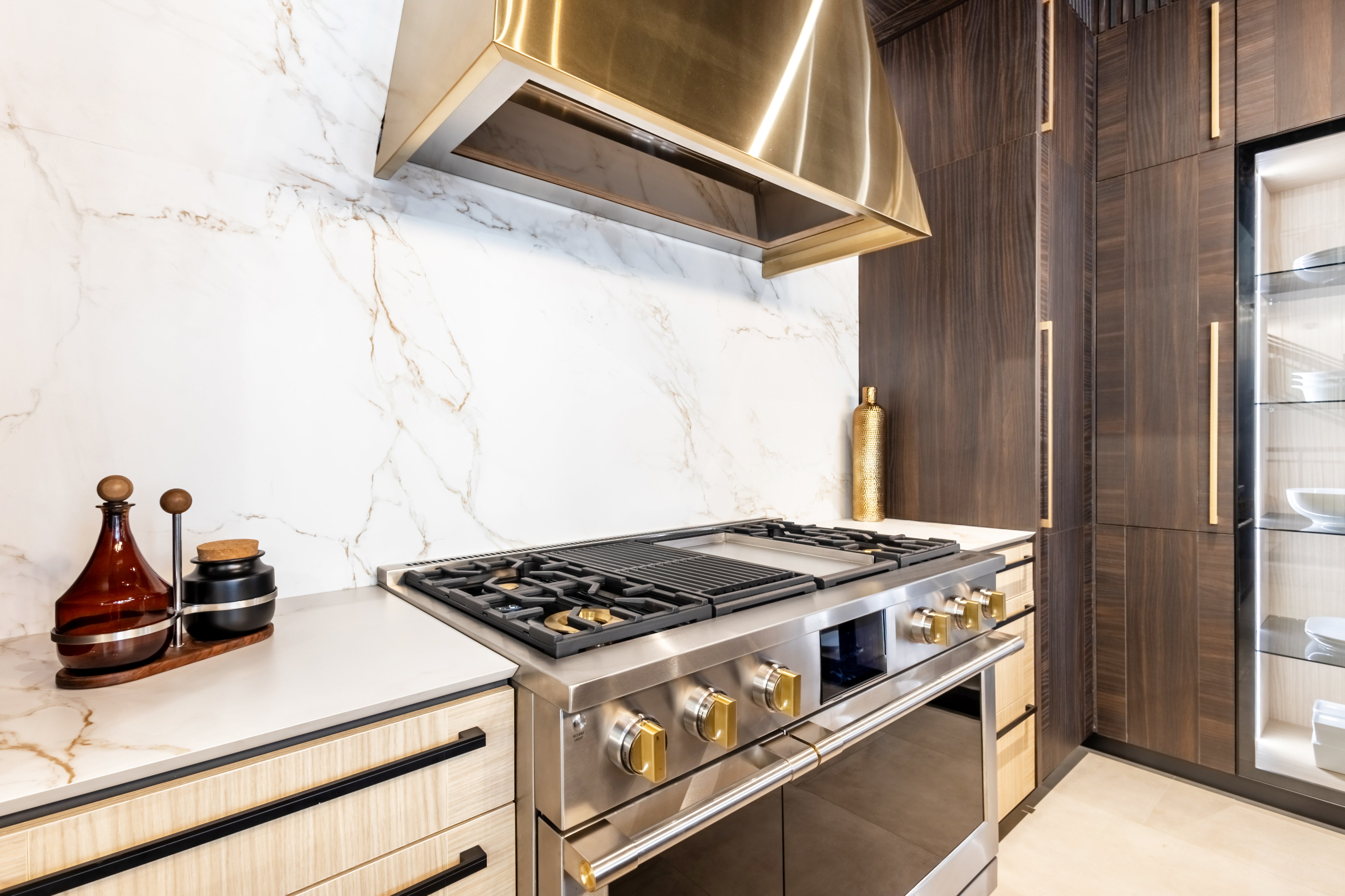 Azzurri Casa Transitional Kitchen with Double Waterfall Island, Dekton Countertops & Monogram Appliances