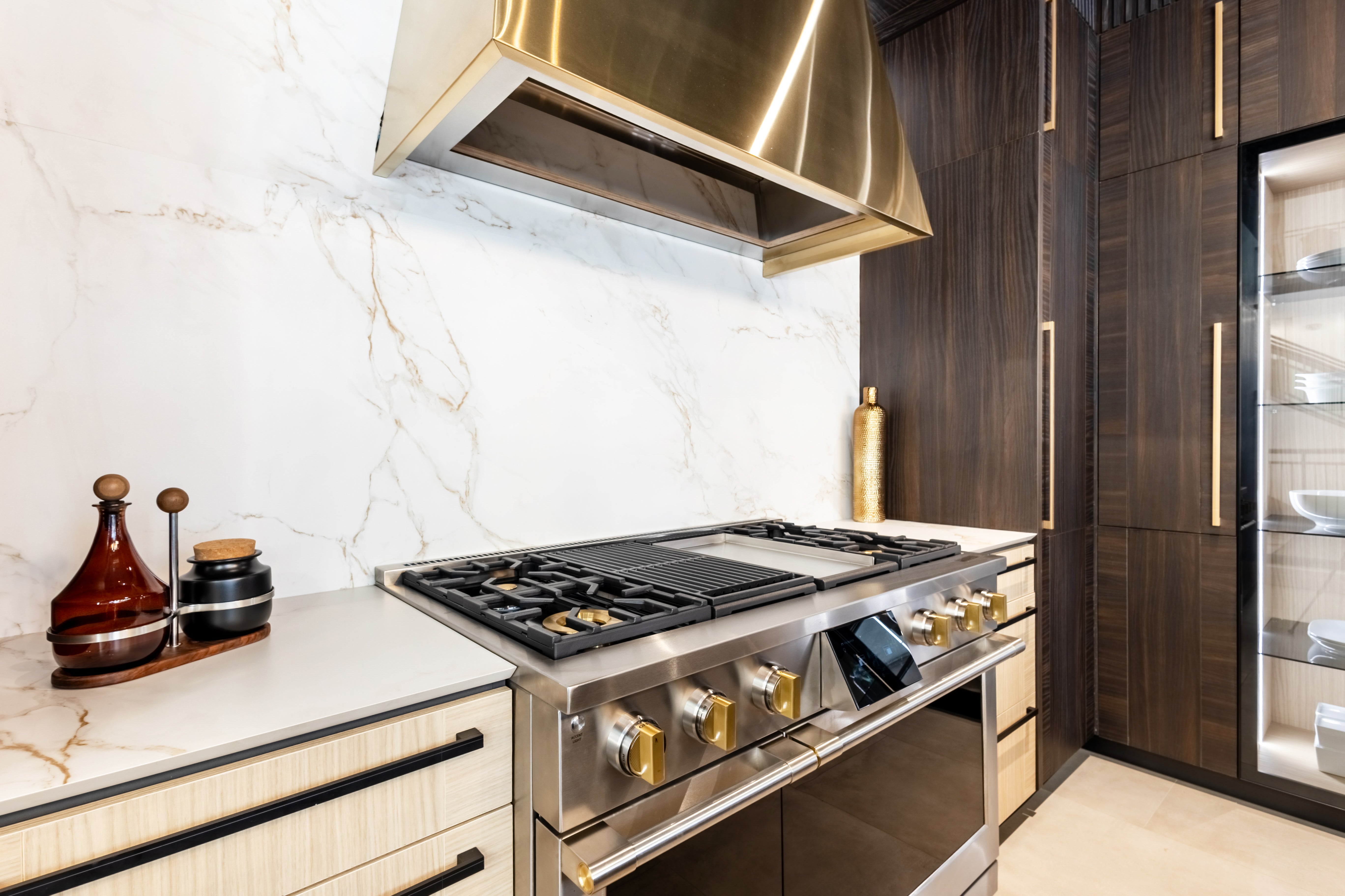 Azzurri Casa Transitional Kitchen with Double Waterfall Island, Dekton Countertops & Monogram Appliances
