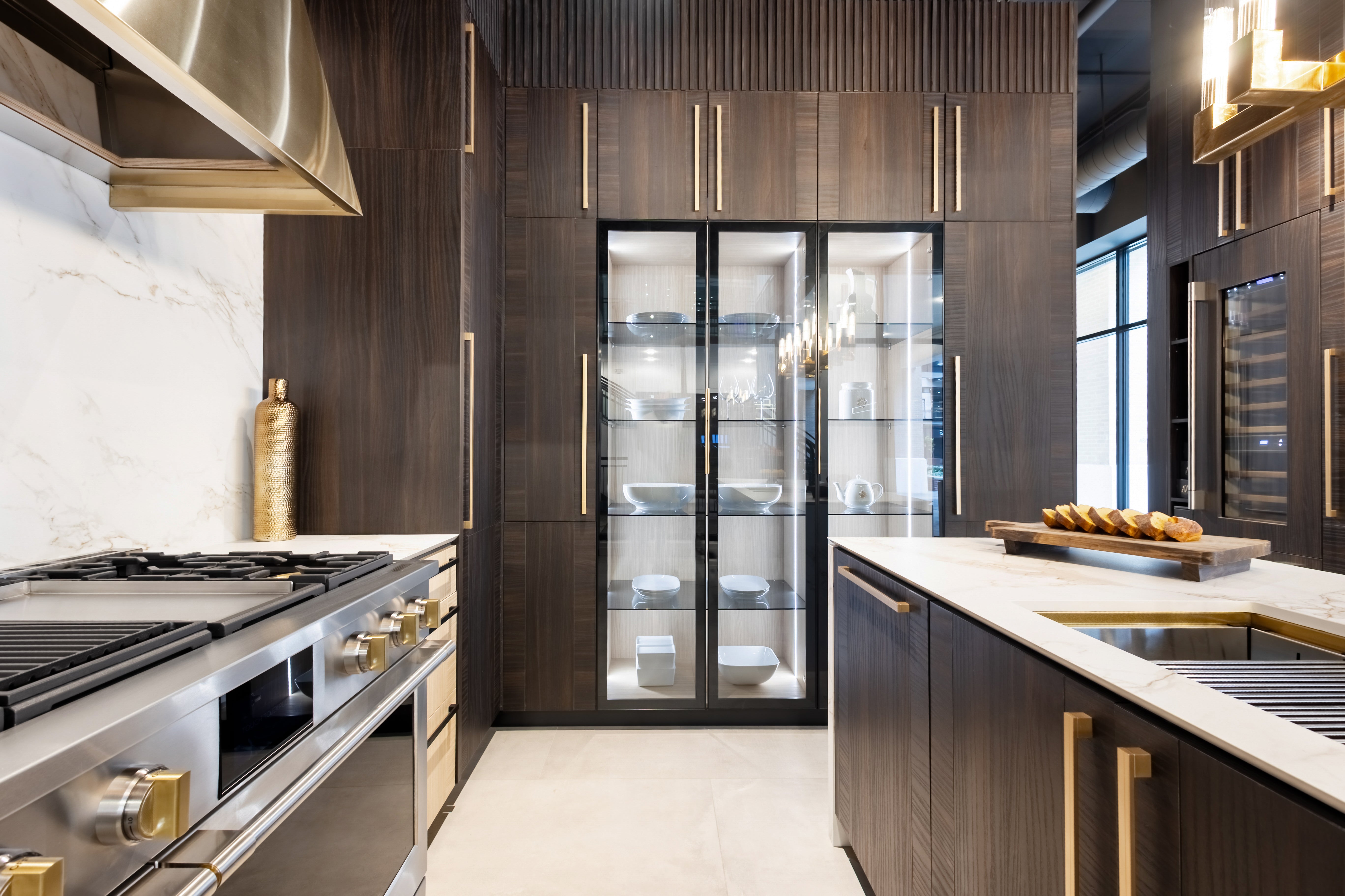 Azzurri Casa Transitional Kitchen with Double Waterfall Island, Dekton Countertops & Monogram Appliances
