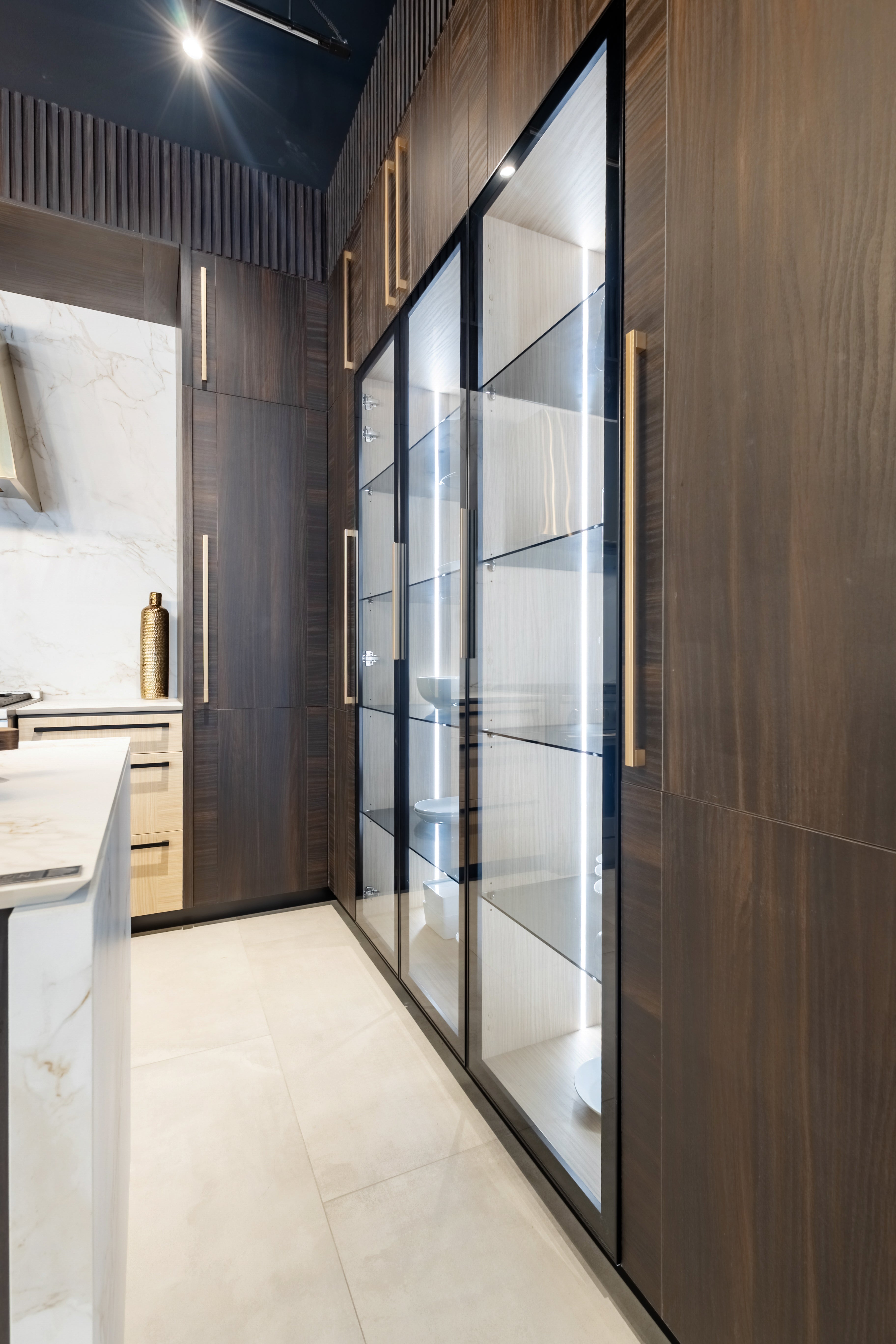 Azzurri Casa Transitional Kitchen with Double Waterfall Island, Dekton Countertops & Monogram Appliances