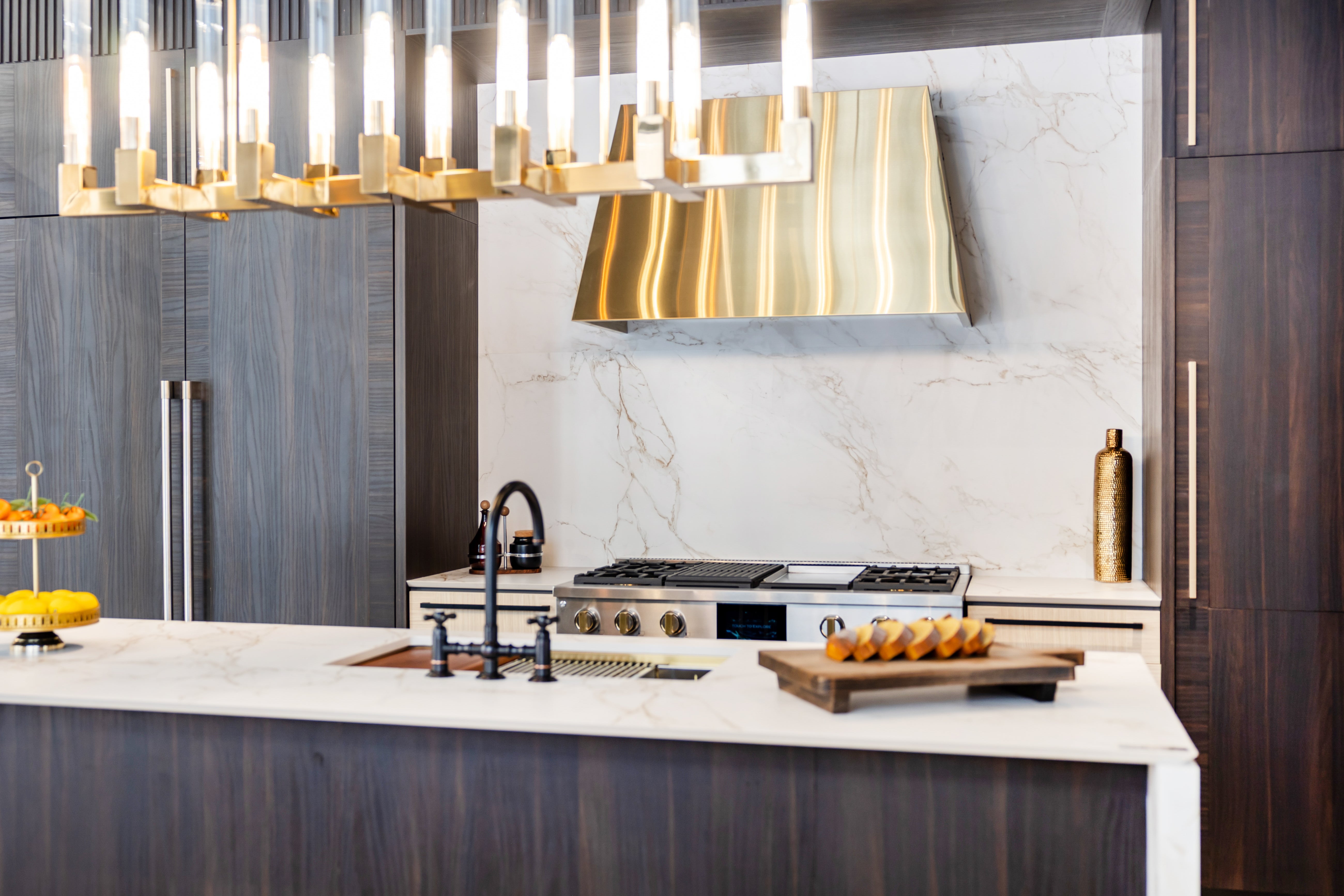 Azzurri Casa Transitional Kitchen with Double Waterfall Island, Dekton Countertops & Monogram Appliances