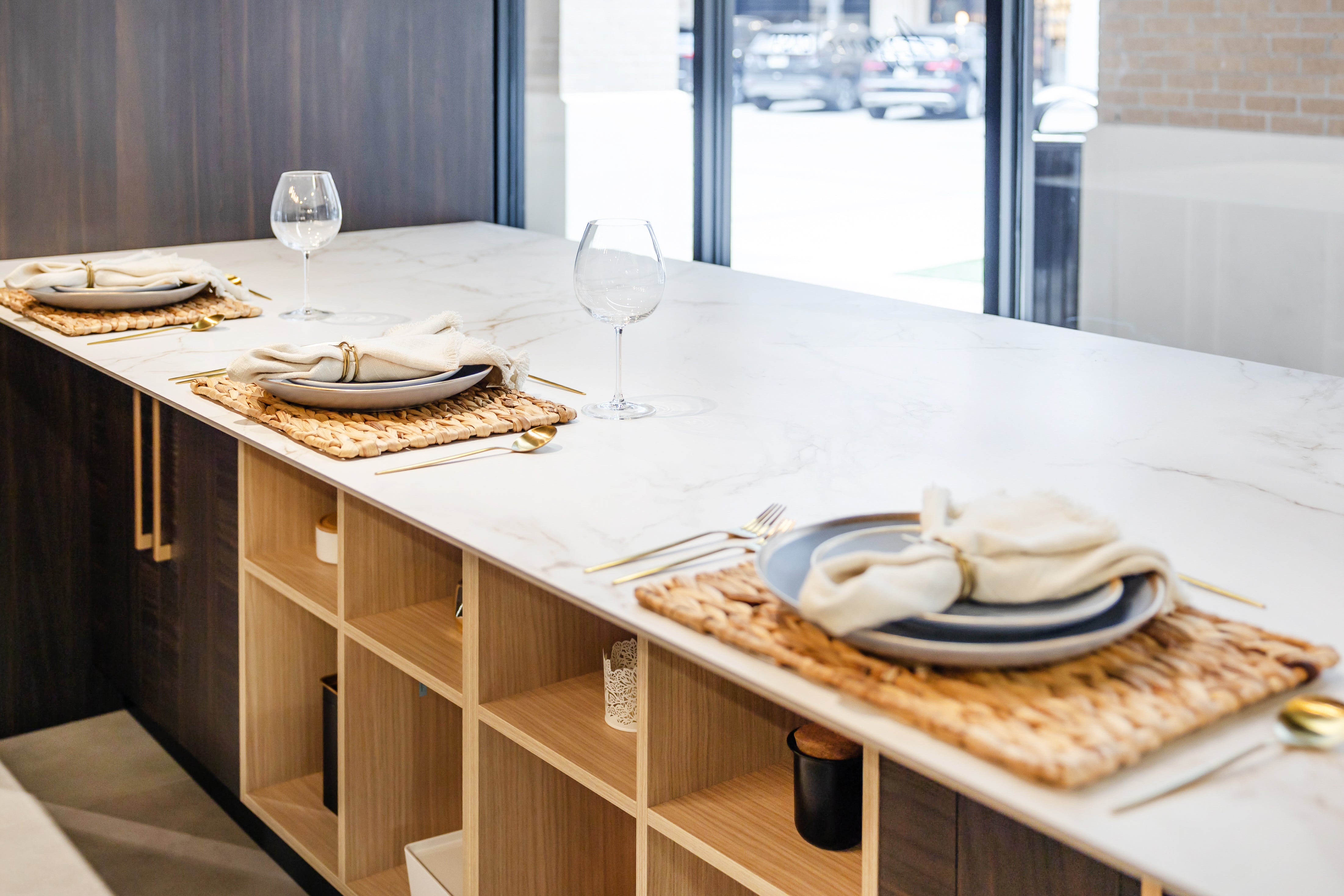 Azzurri Casa Transitional Kitchen with Double Waterfall Island, Dekton Countertops & Monogram Appliances