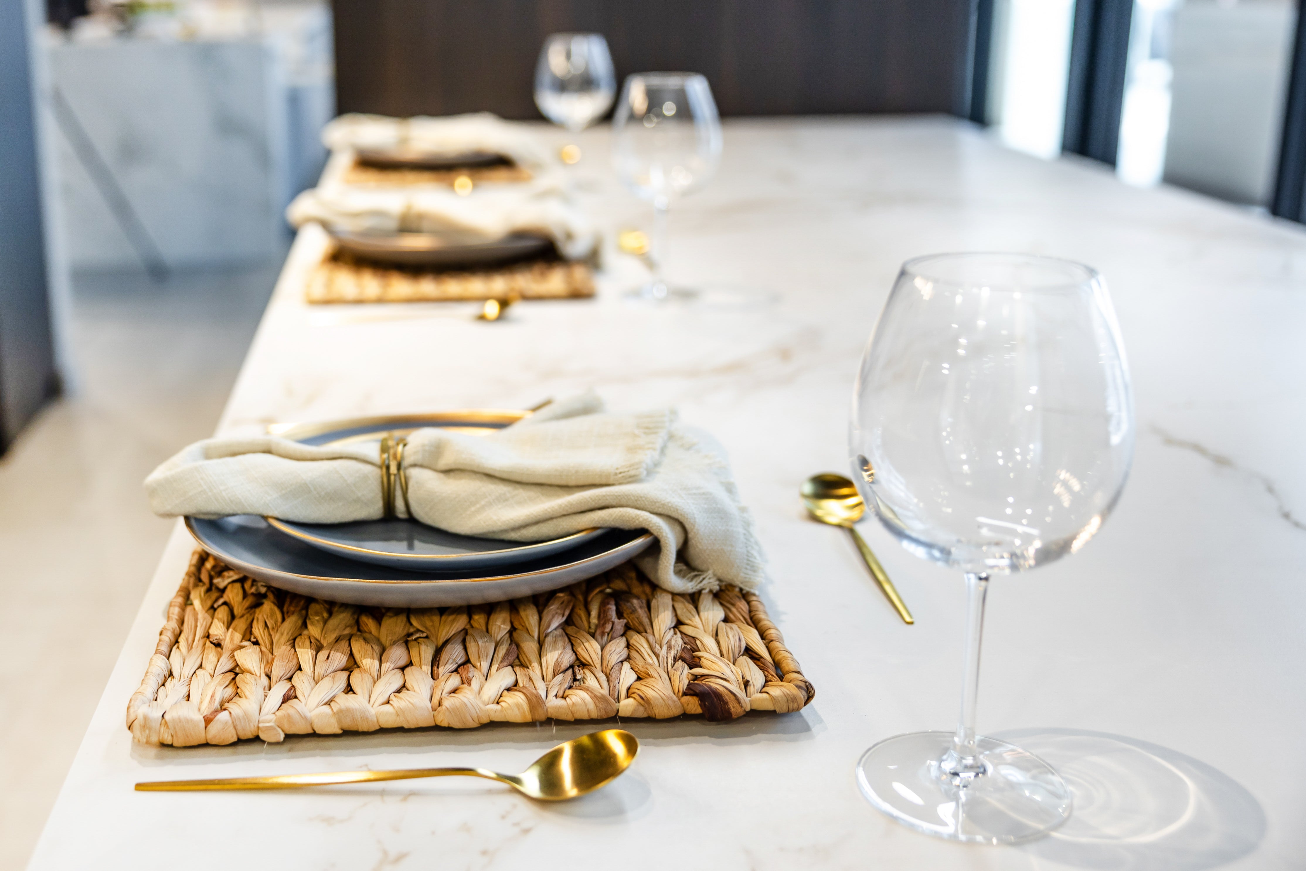 Azzurri Casa Transitional Kitchen with Double Waterfall Island, Dekton Countertops & Monogram Appliances