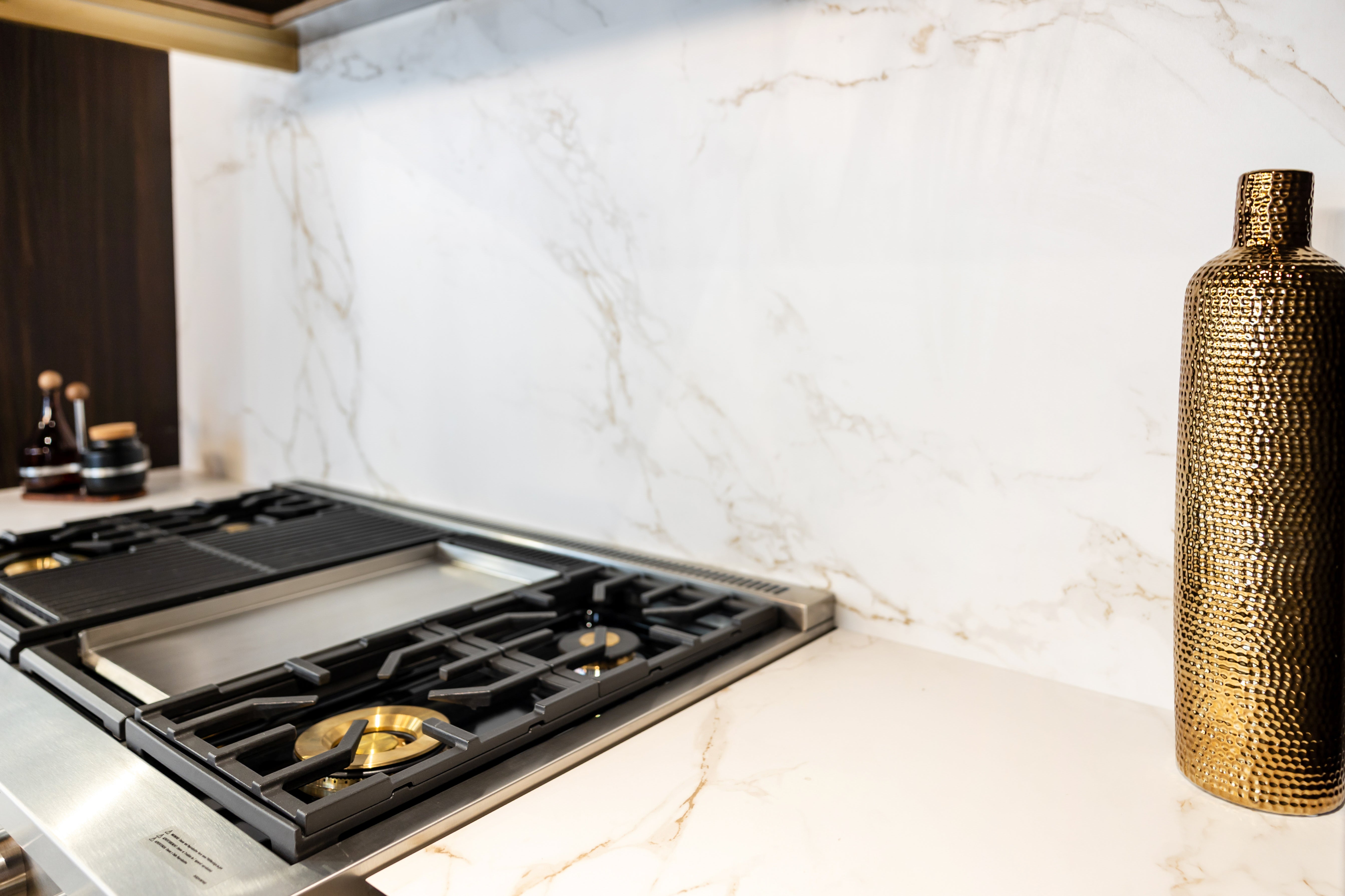 Azzurri Casa Transitional Kitchen with Double Waterfall Island, Dekton Countertops & Monogram Appliances