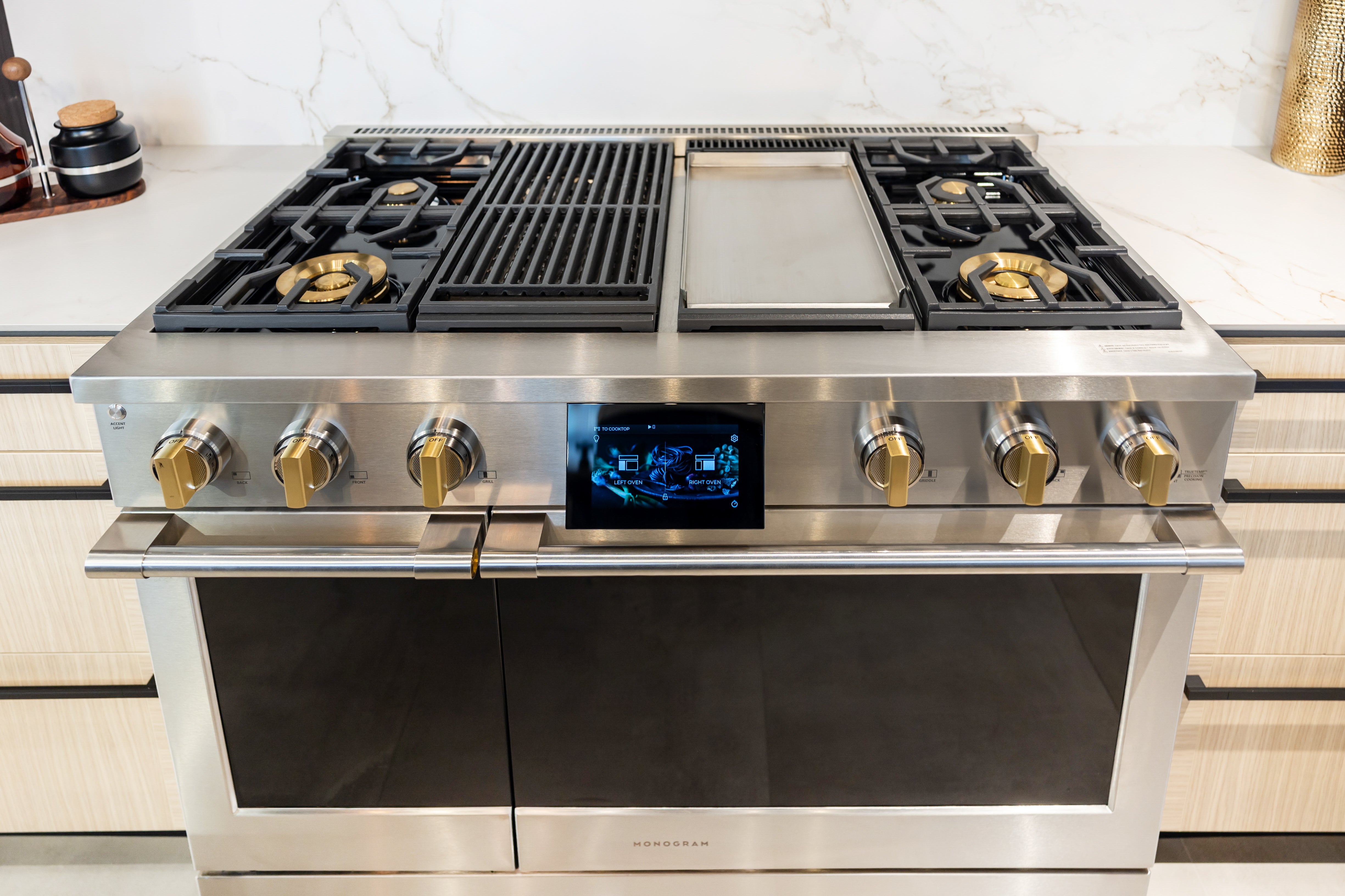 Azzurri Casa Transitional Kitchen with Double Waterfall Island, Dekton Countertops & Monogram Appliances