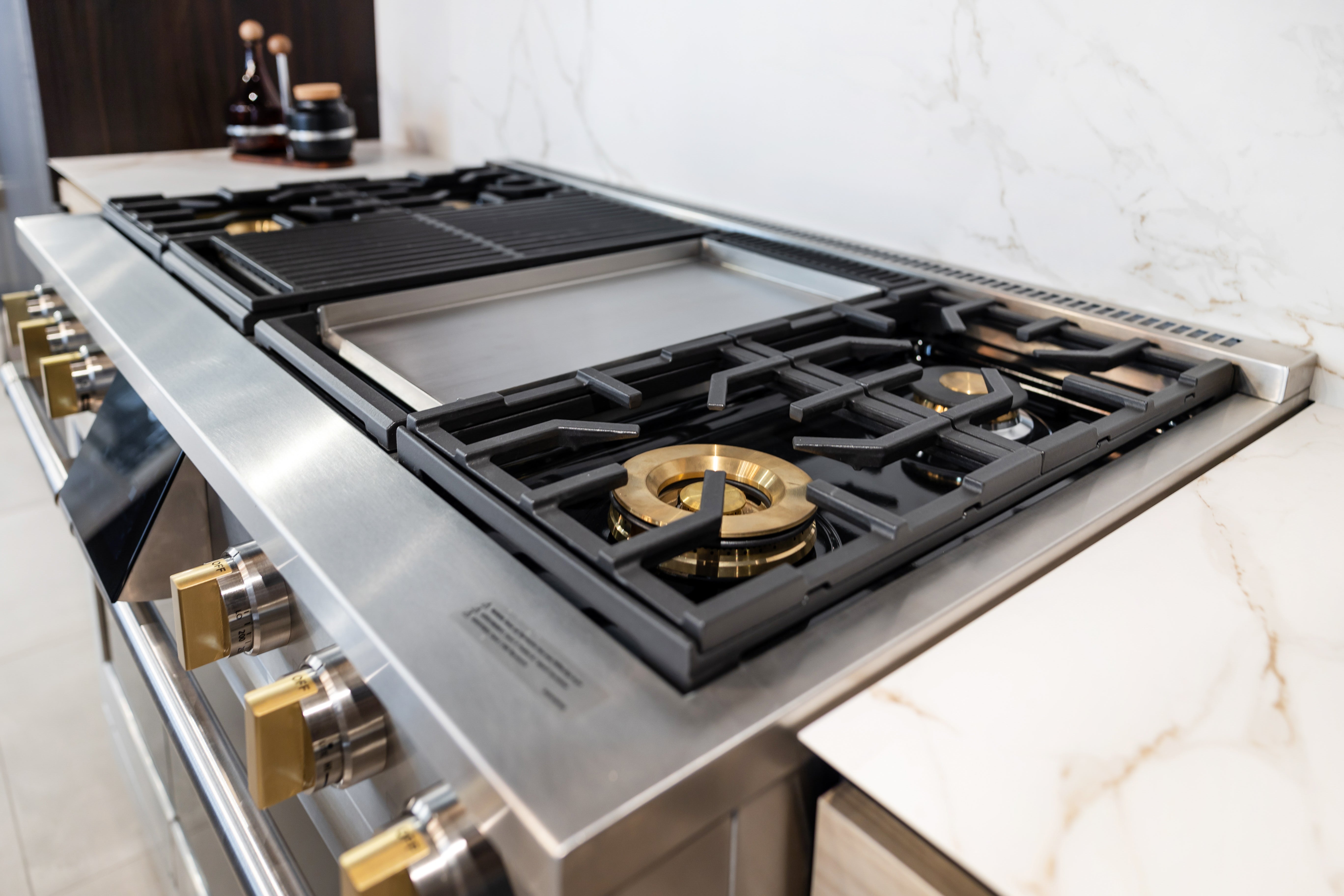 Azzurri Casa Transitional Kitchen with Double Waterfall Island, Dekton Countertops & Monogram Appliances