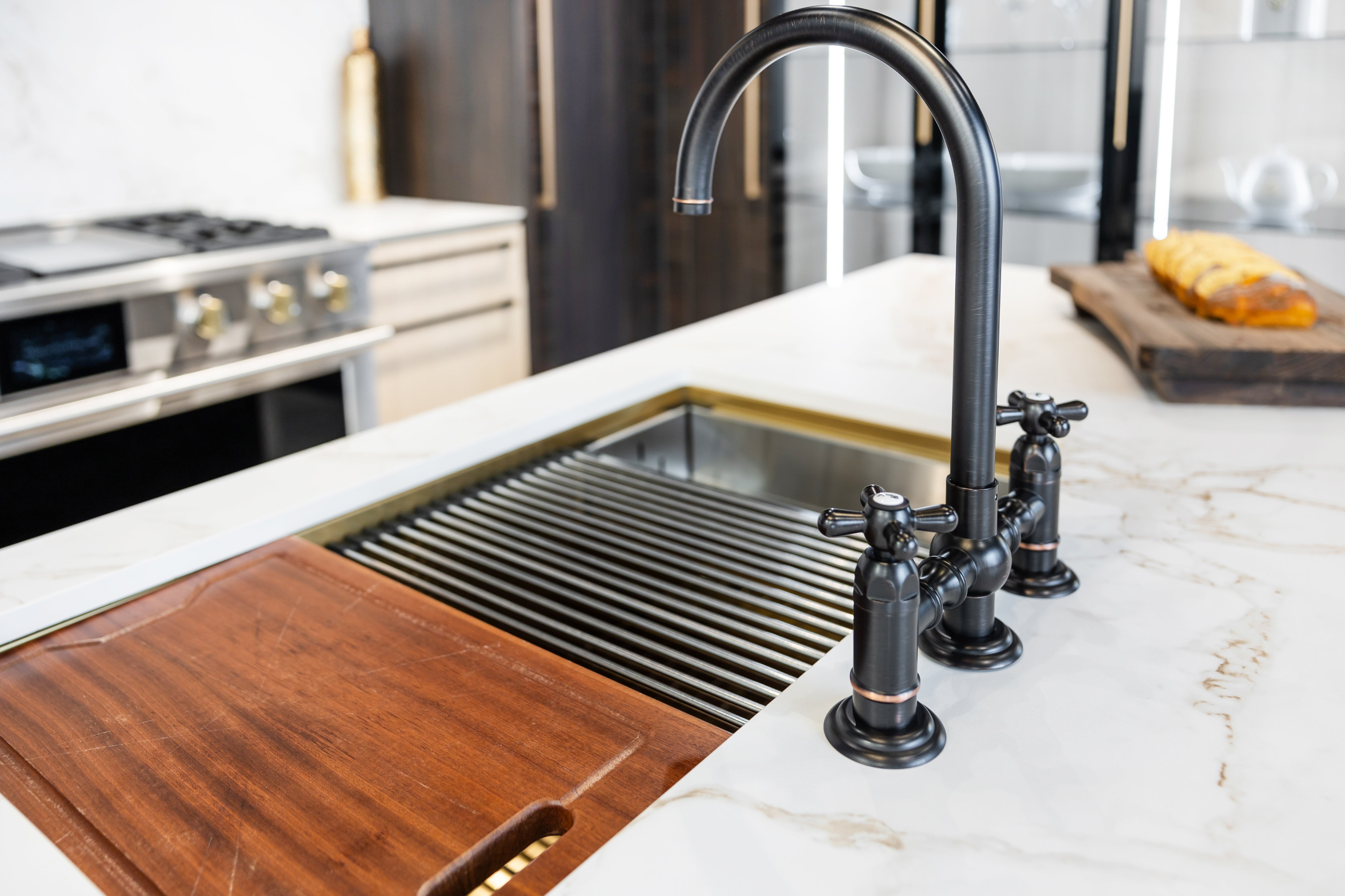 Azzurri Casa Transitional Kitchen with Double Waterfall Island, Dekton Countertops & Monogram Appliances