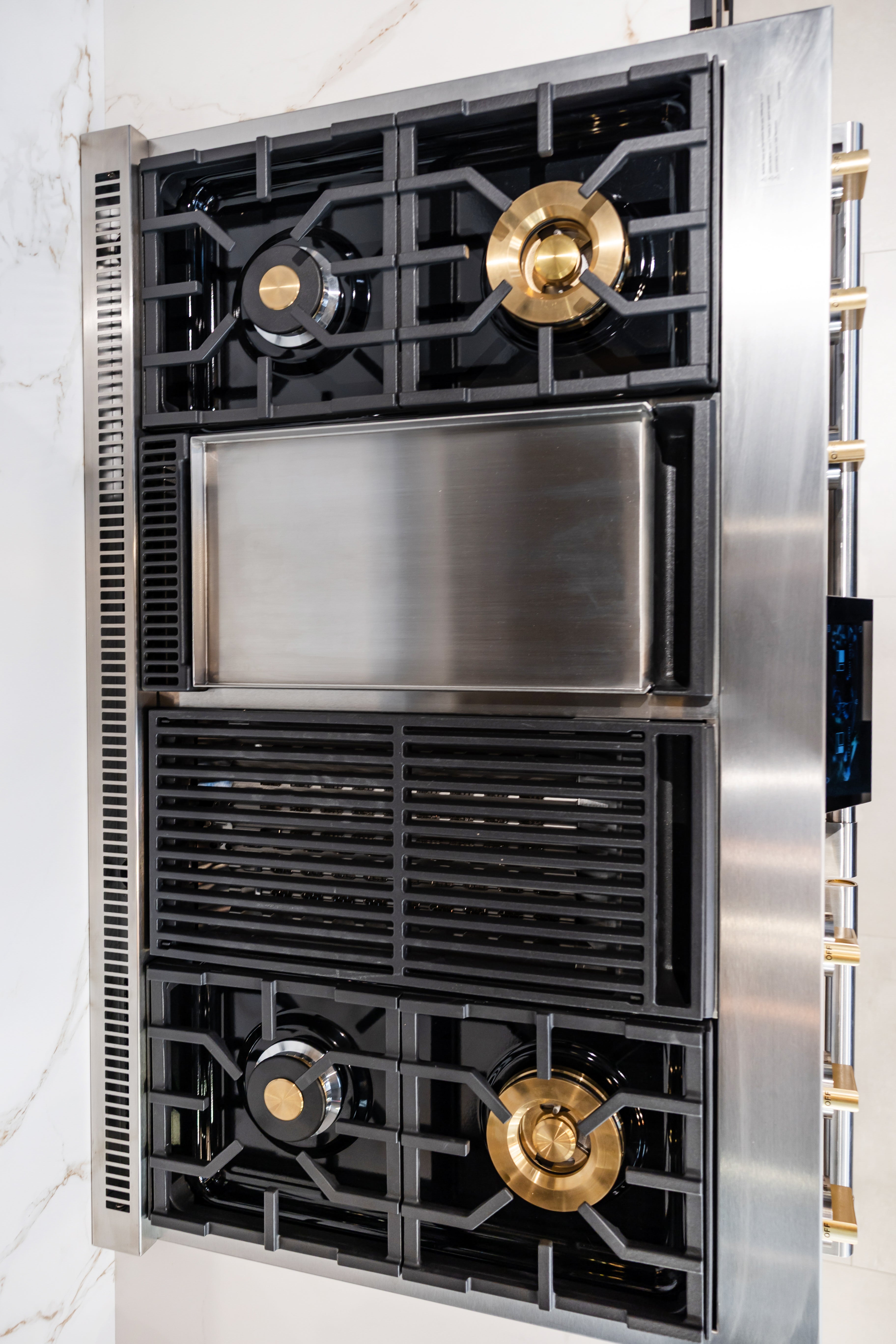 Azzurri Casa Transitional Kitchen with Double Waterfall Island, Dekton Countertops & Monogram Appliances