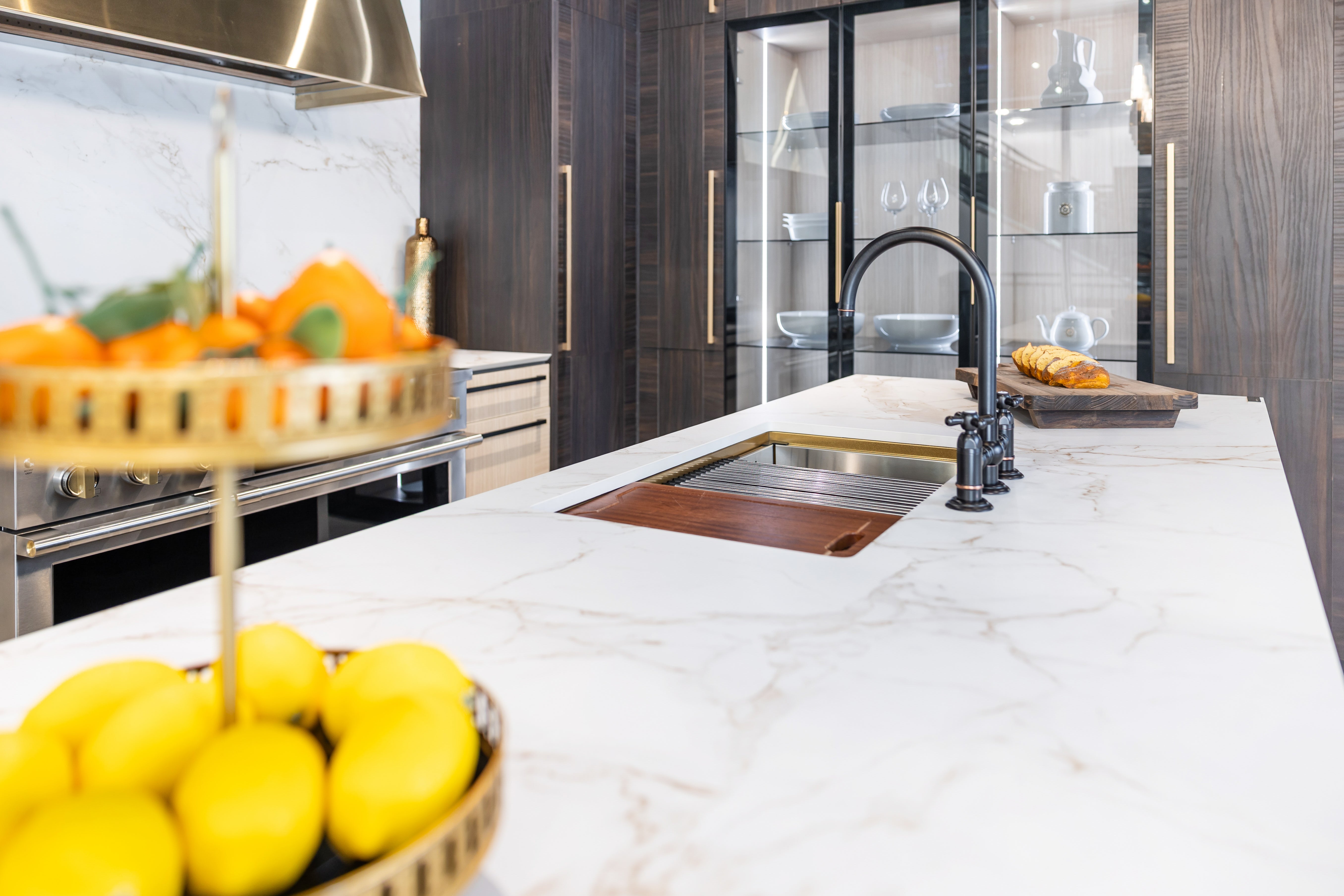 Azzurri Casa Transitional Kitchen with Double Waterfall Island, Dekton Countertops & Monogram Appliances