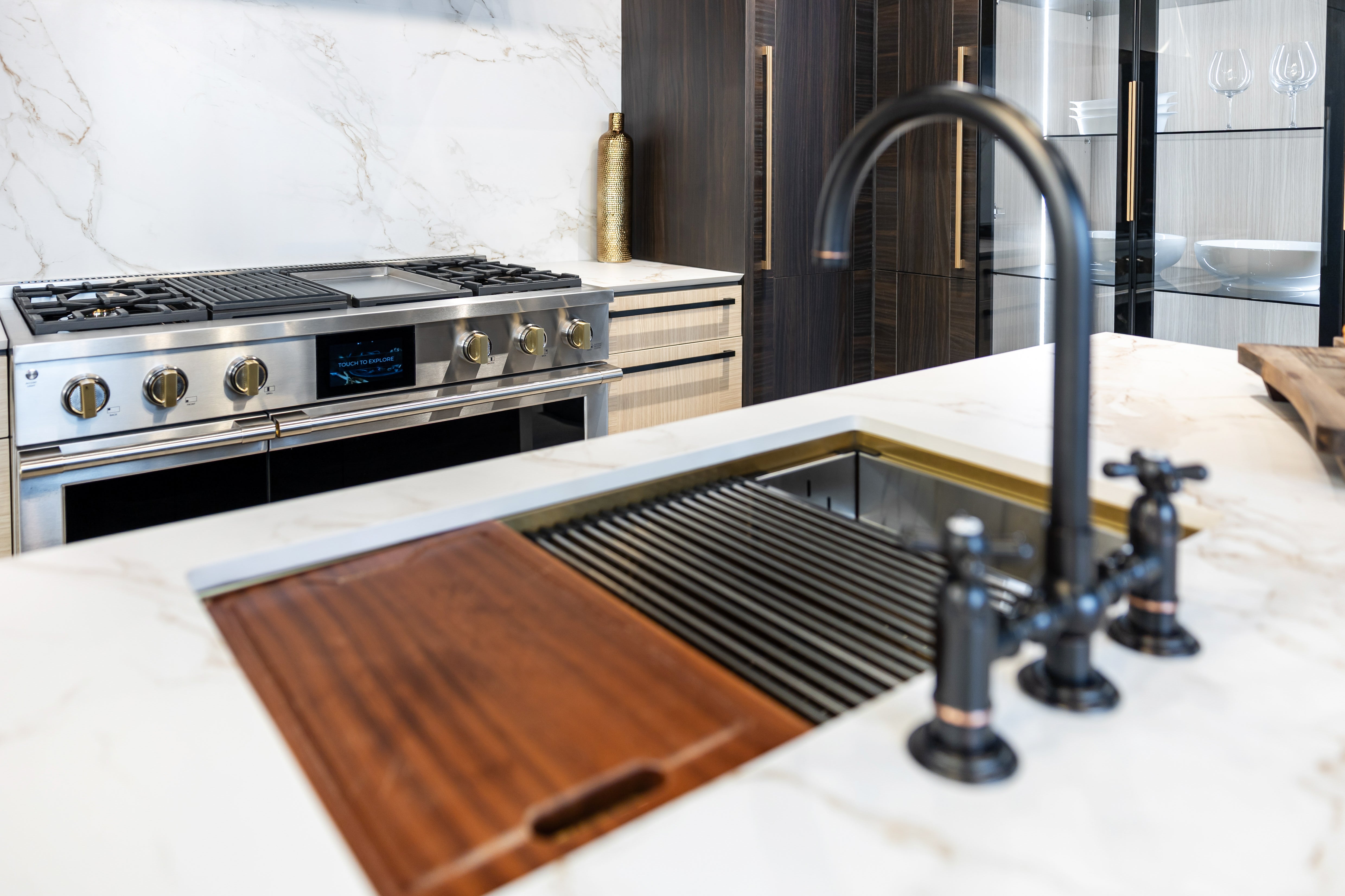 Azzurri Casa Transitional Kitchen with Double Waterfall Island, Dekton Countertops & Monogram Appliances