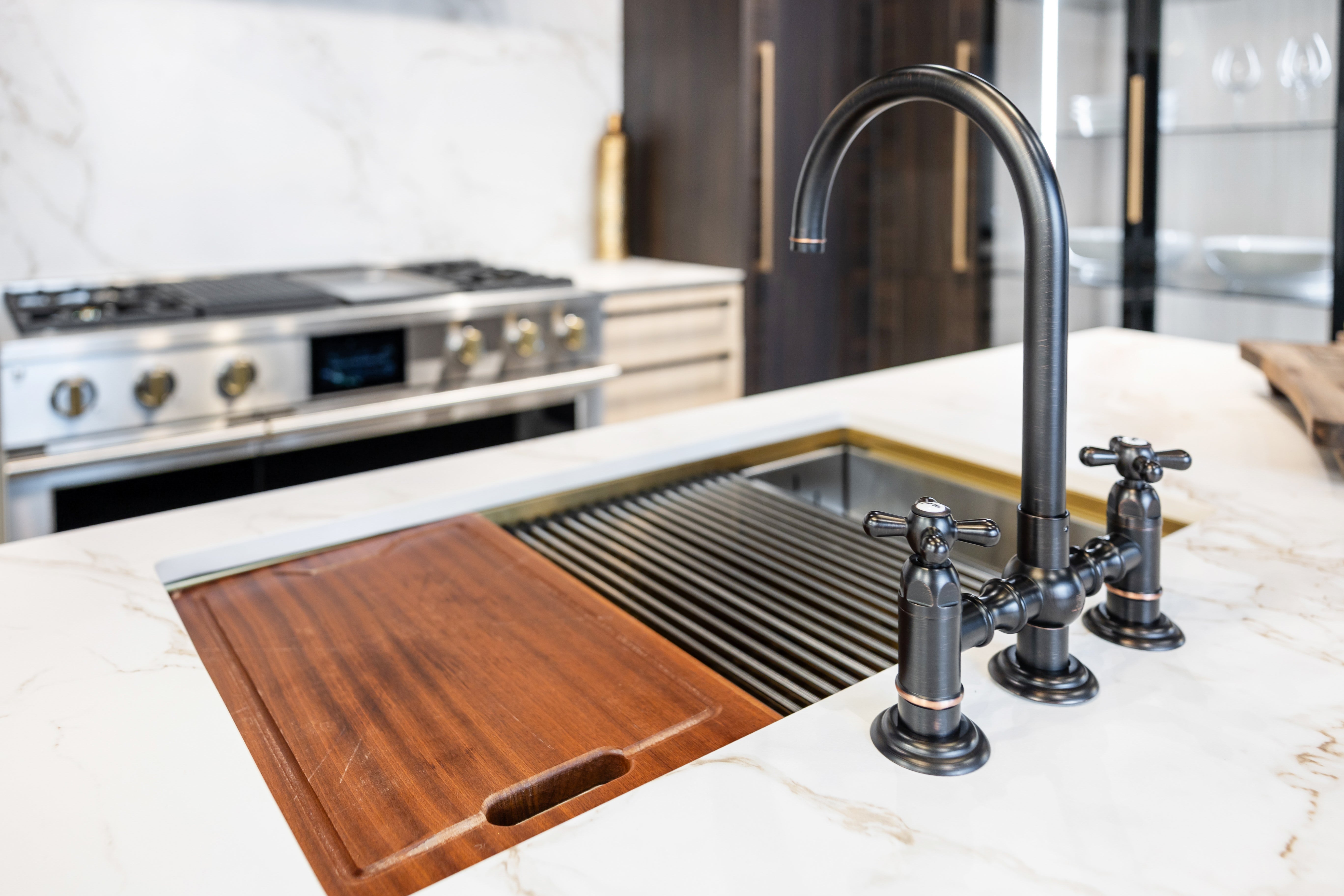 Azzurri Casa Transitional Kitchen with Double Waterfall Island, Dekton Countertops & Monogram Appliances
