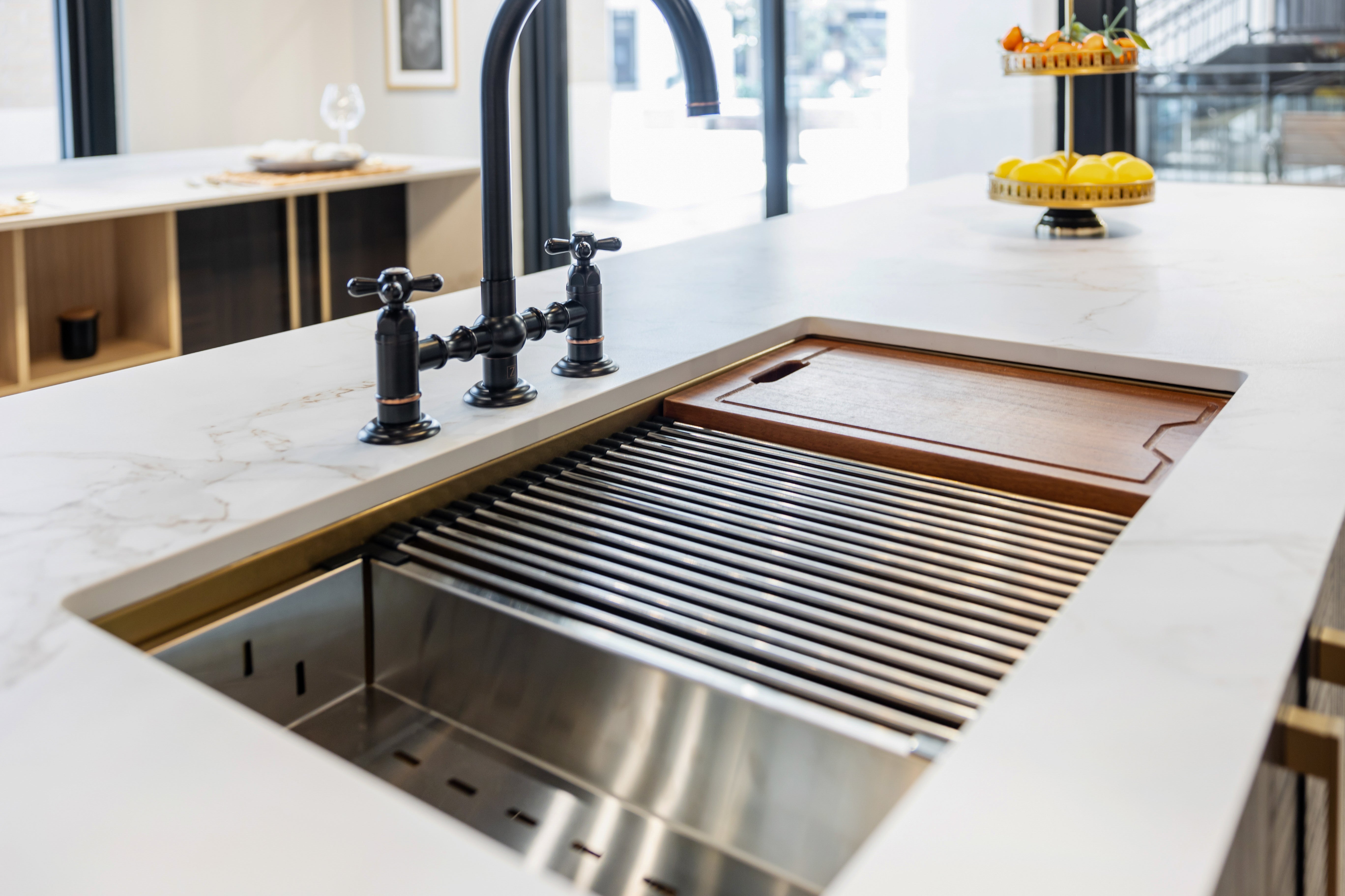 Azzurri Casa Transitional Kitchen with Double Waterfall Island, Dekton Countertops & Monogram Appliances