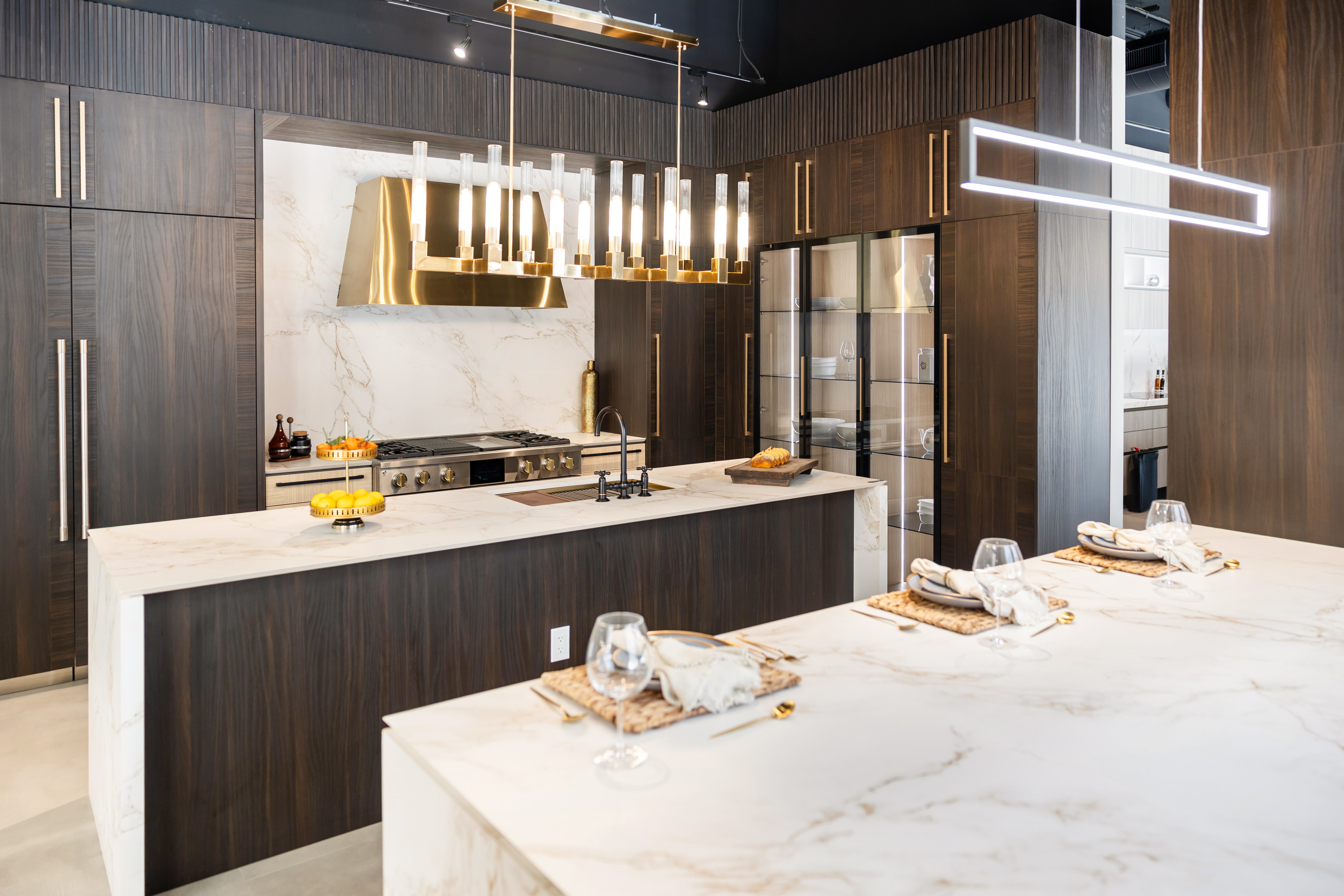 Azzurri Casa Transitional Kitchen with Double Waterfall Island, Dekton Countertops & Monogram Appliances