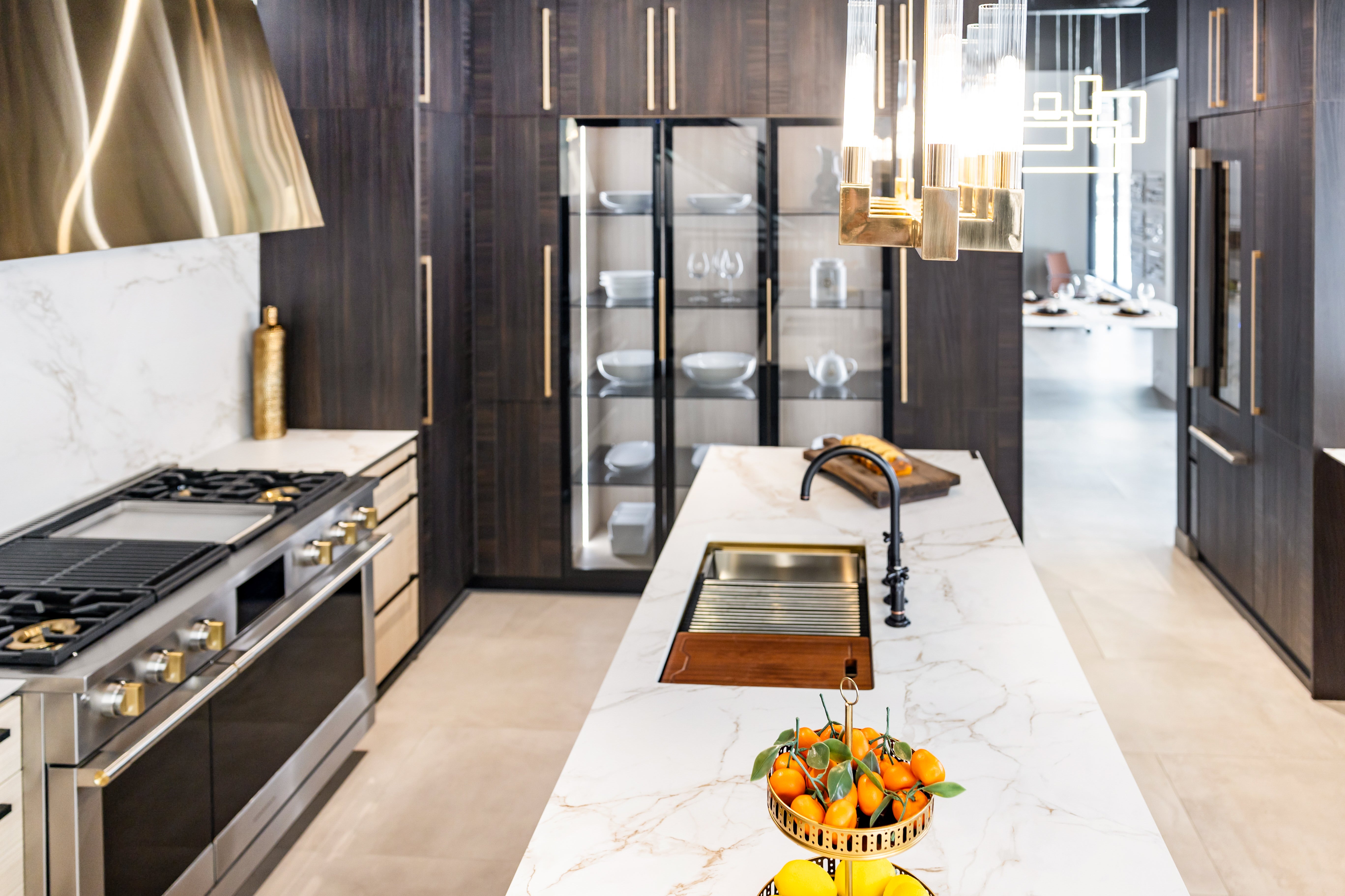 Azzurri Casa Transitional Kitchen with Double Waterfall Island, Dekton Countertops & Monogram Appliances