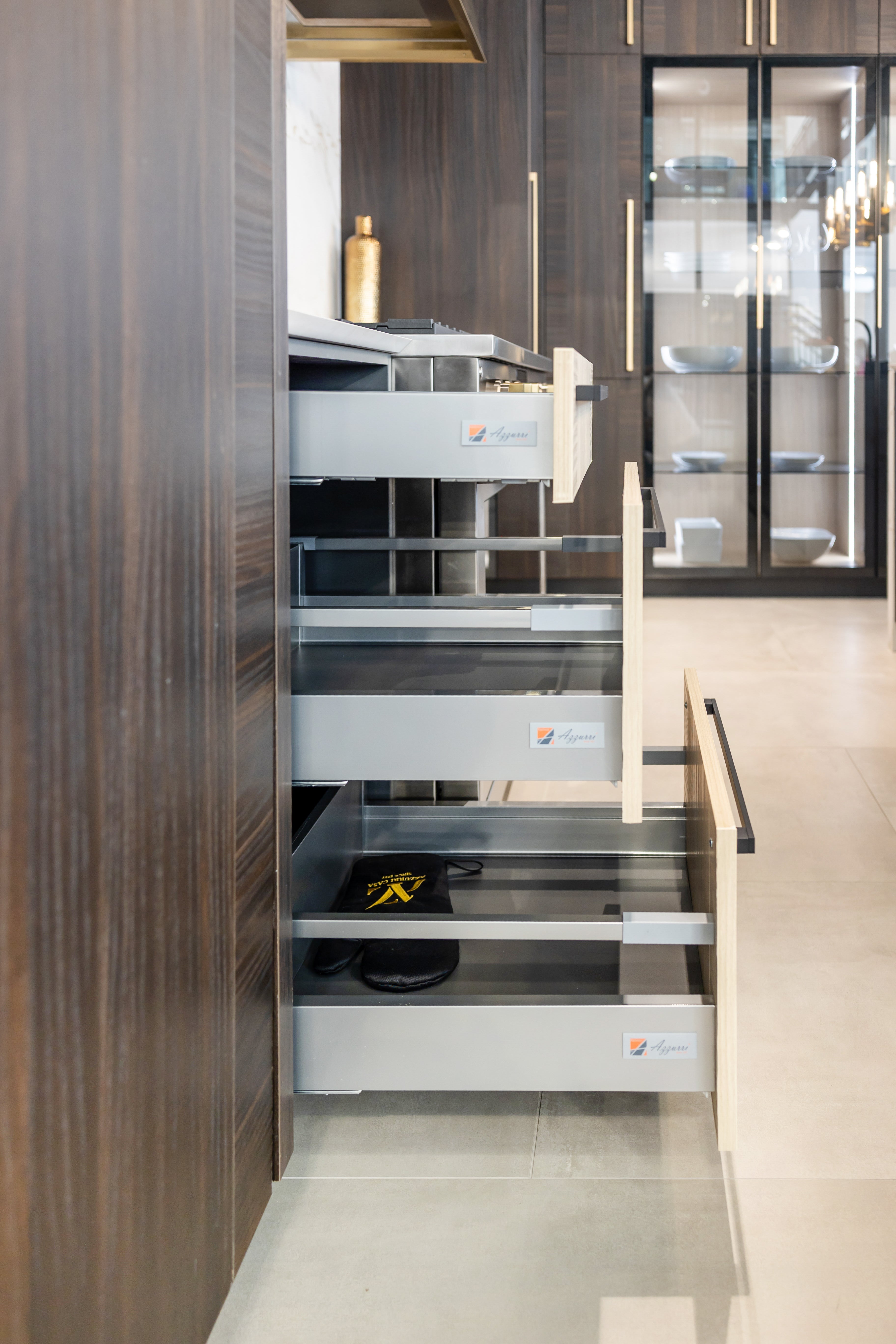 Azzurri Casa Transitional Kitchen with Double Waterfall Island, Dekton Countertops & Monogram Appliances