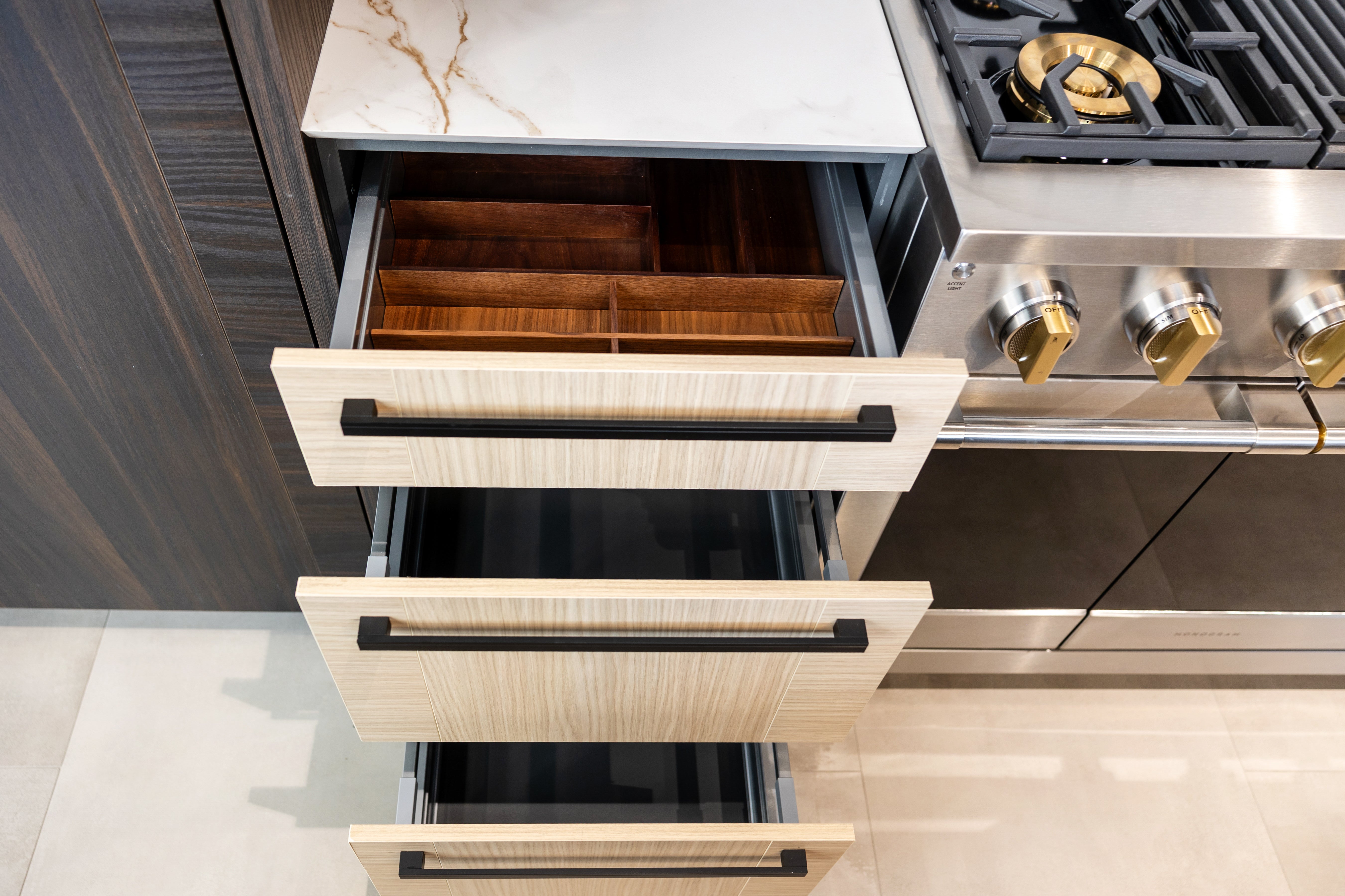 Azzurri Casa Transitional Kitchen with Double Waterfall Island, Dekton Countertops & Monogram Appliances