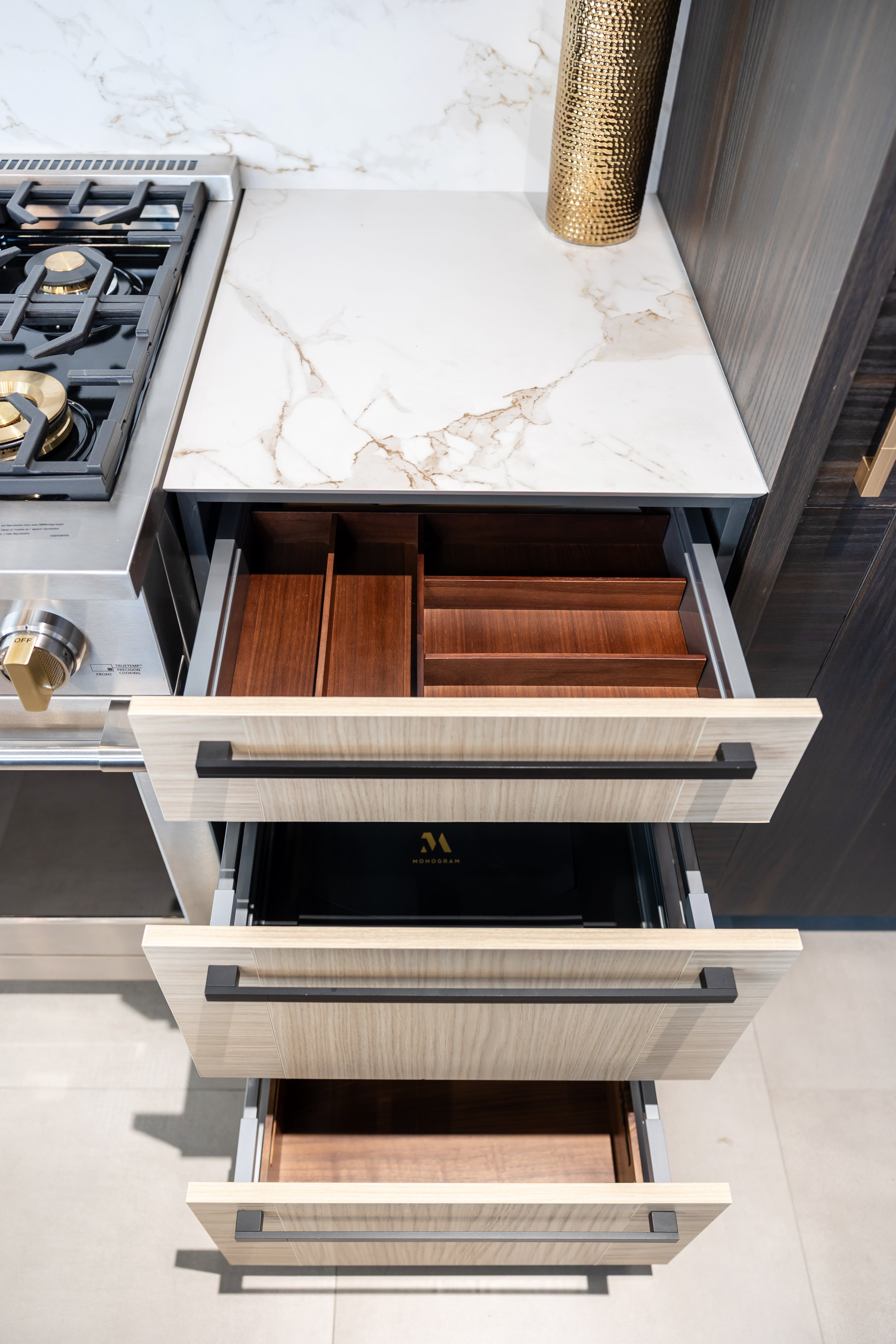 Azzurri Casa Transitional Kitchen with Double Waterfall Island, Dekton Countertops & Monogram Appliances