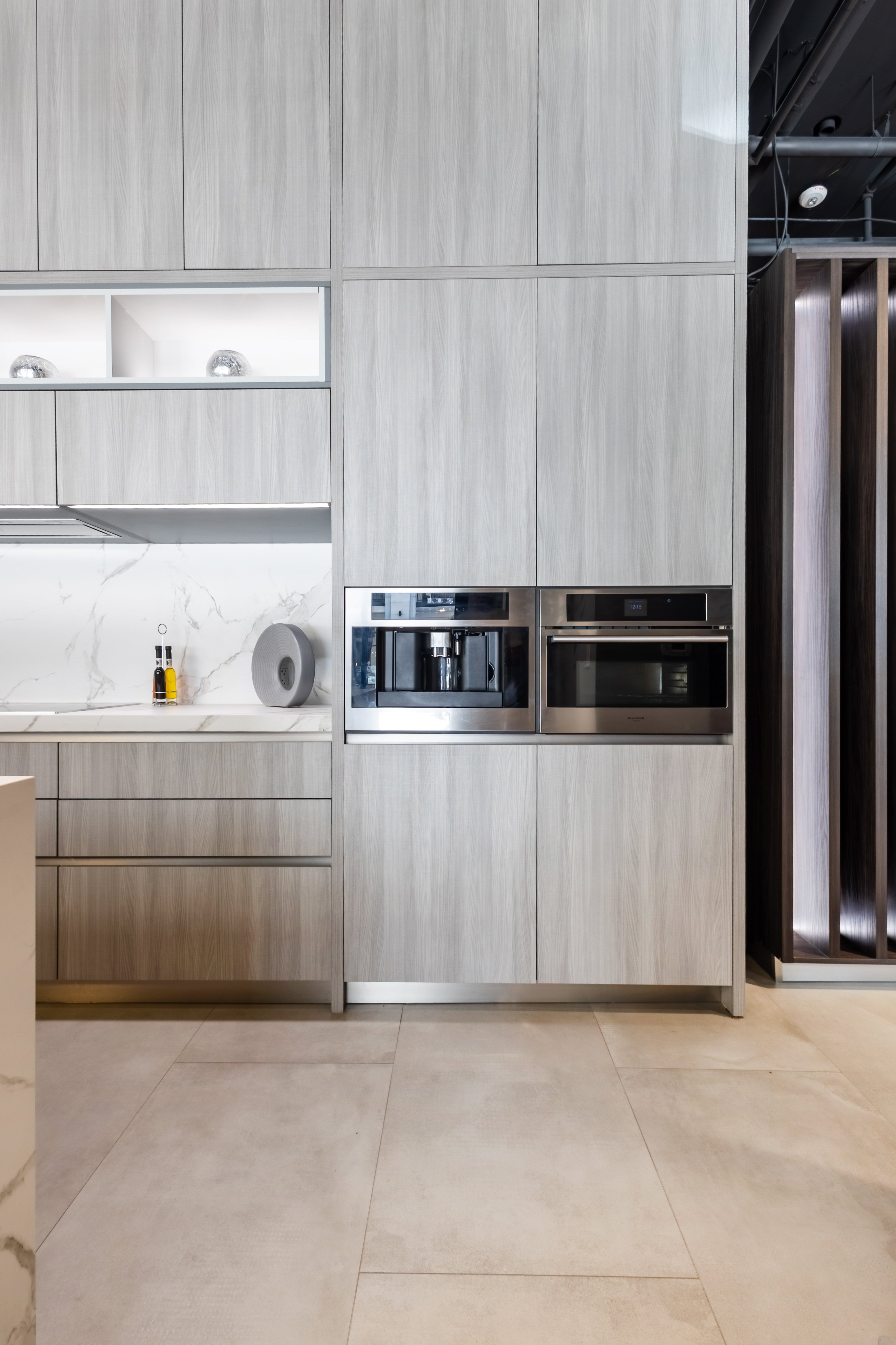 Azzurri Casa Light Grey Italian Style Modern Kitchen with Dekton Countertops and Fulgor Milano Appliances