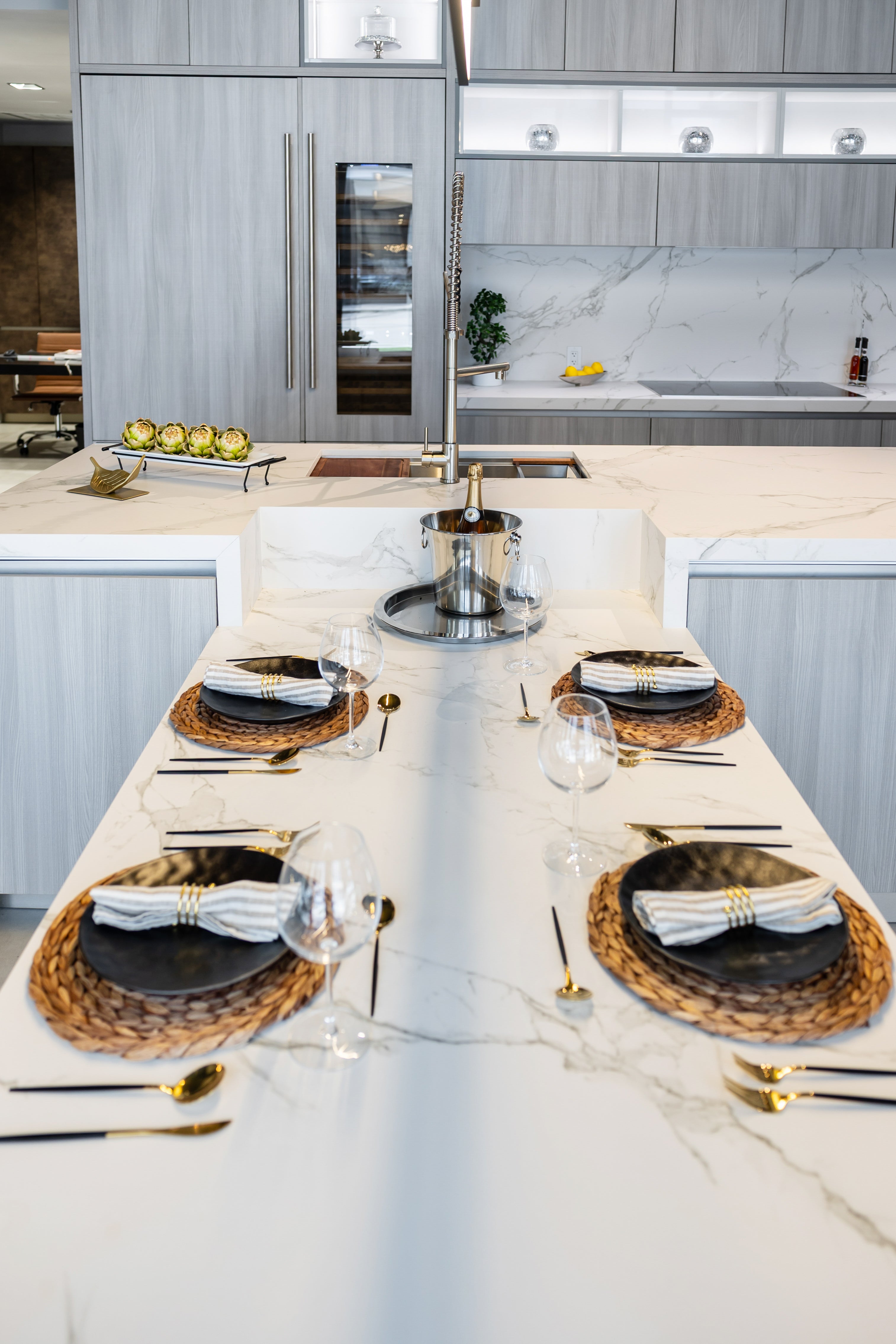 Azzurri Casa Light Grey Italian Style Modern Kitchen with Dekton Countertops and Fulgor Milano Appliances