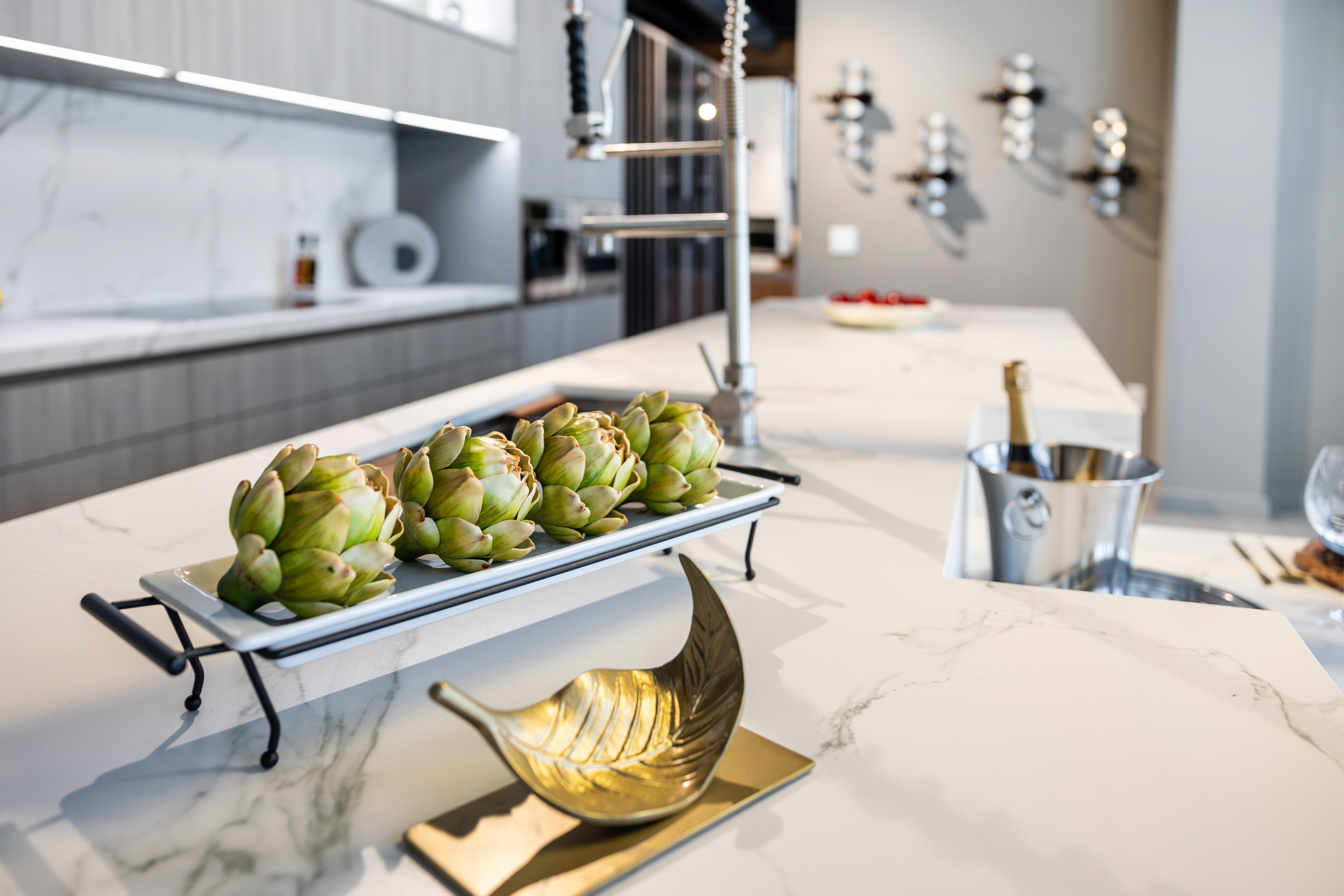 Azzurri Casa Light Grey Italian Style Modern Kitchen with Dekton Countertops and Fulgor Milano Appliances