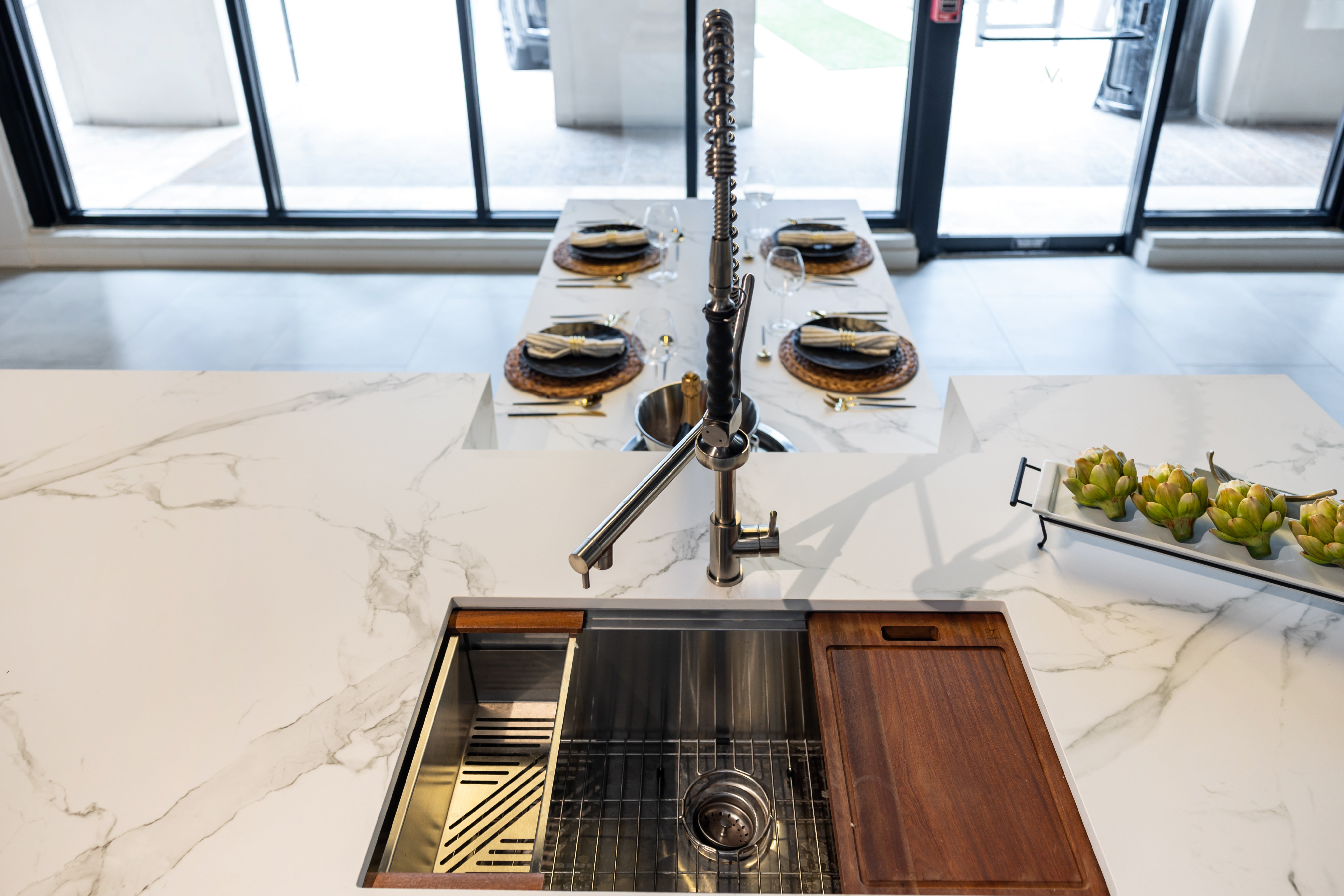 Azzurri Casa Light Grey Italian Style Modern Kitchen with Dekton Countertops and Fulgor Milano Appliances