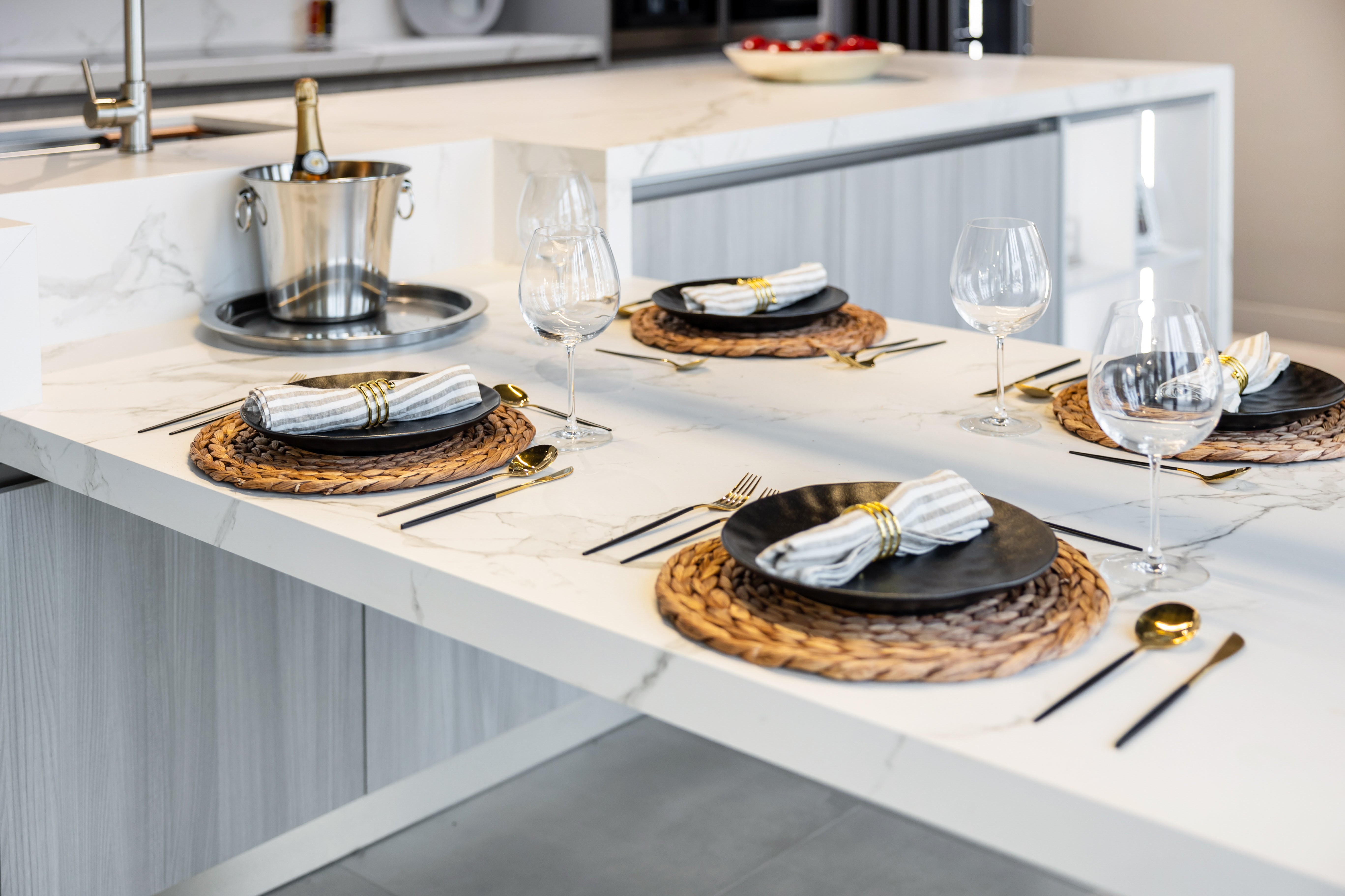 Azzurri Casa Light Grey Italian Style Modern Kitchen with Dekton Countertops and Fulgor Milano Appliances