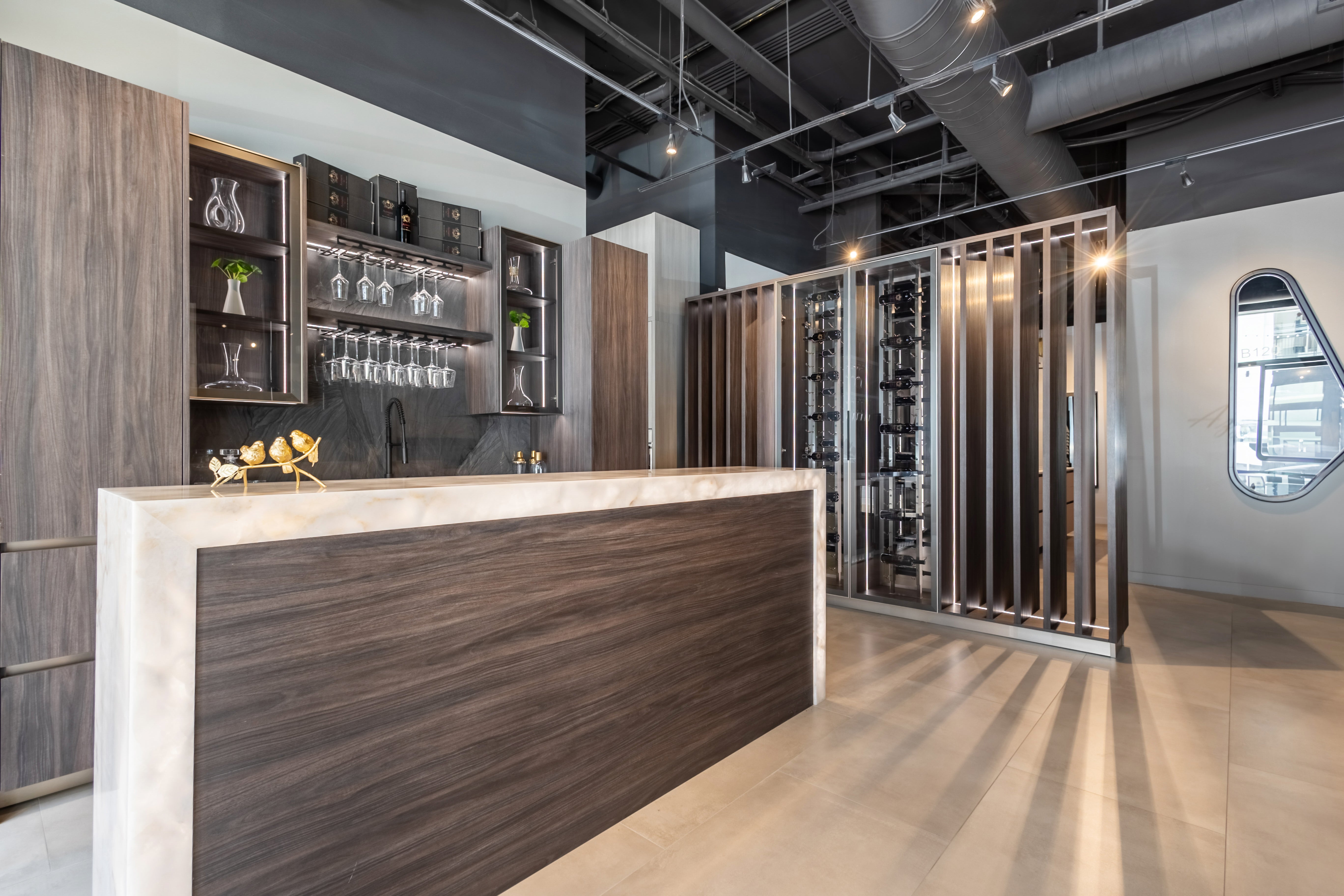 Azzurri Casa Modern Wood Paneled Wet Wine Bar with Wine Wall and Onyx Countertops