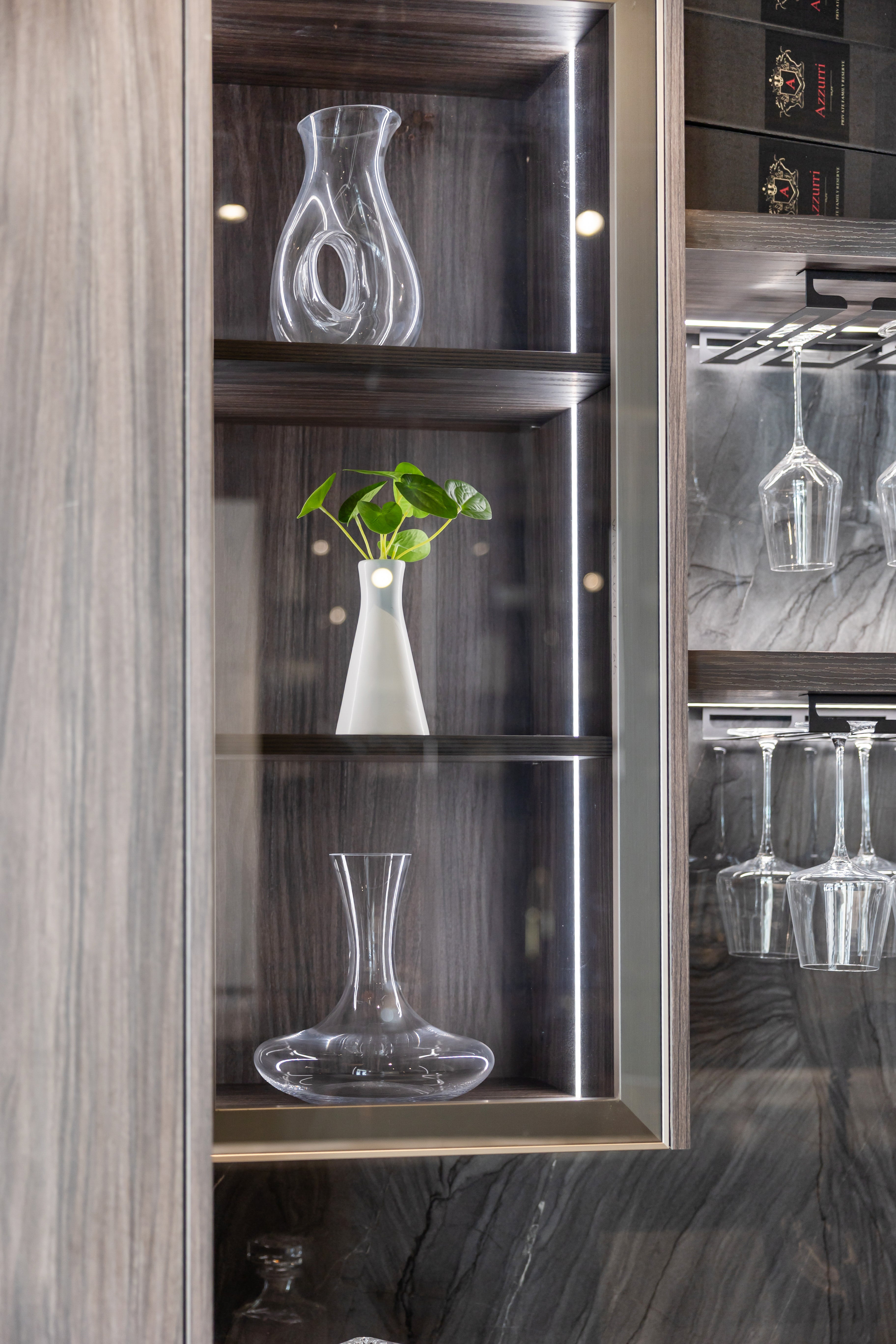 Azzurri Casa Modern Wood Paneled Wet Wine Bar with Wine Wall and Onyx Countertops