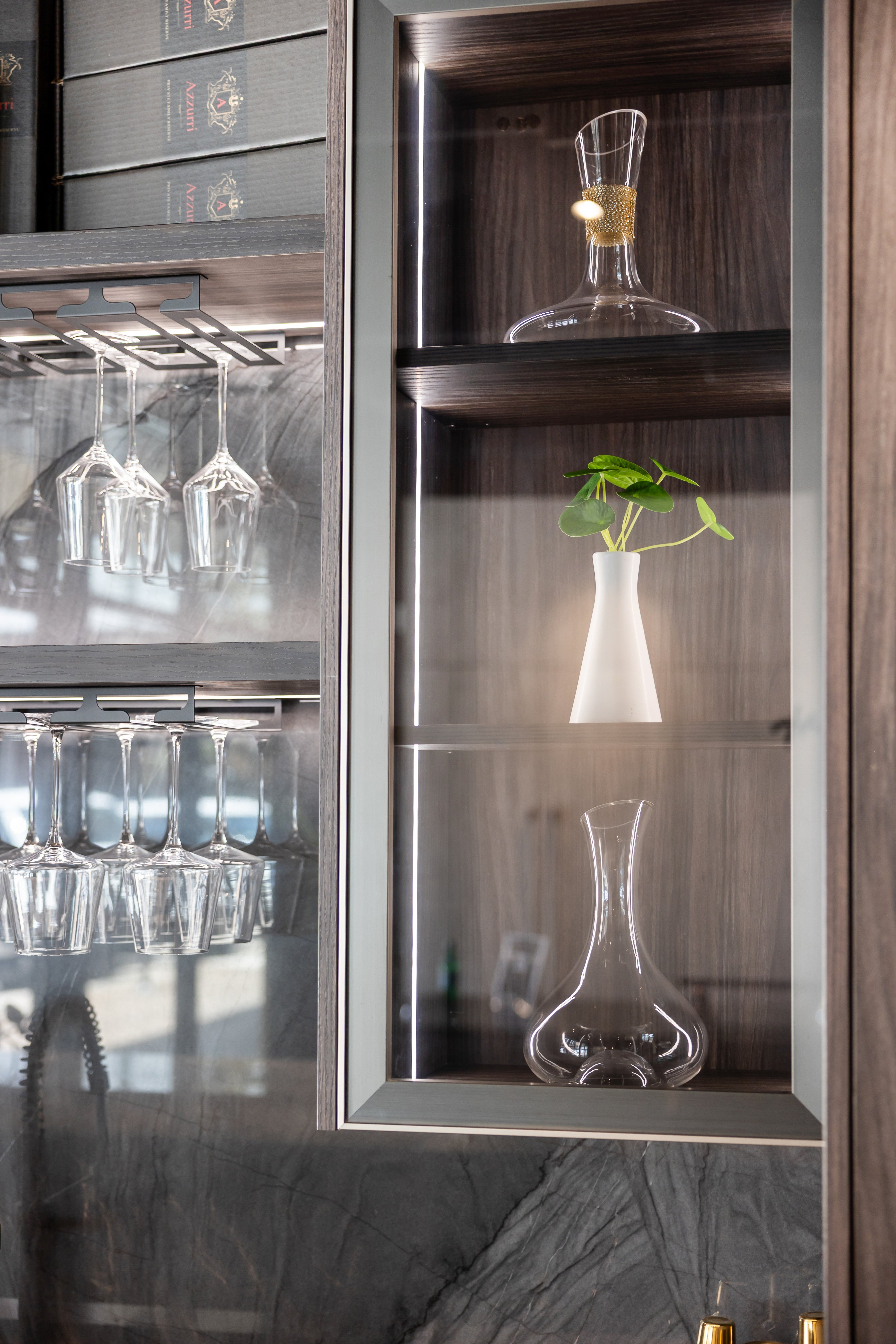 Azzurri Casa Modern Wood Paneled Wet Wine Bar with Wine Wall and Onyx Countertops