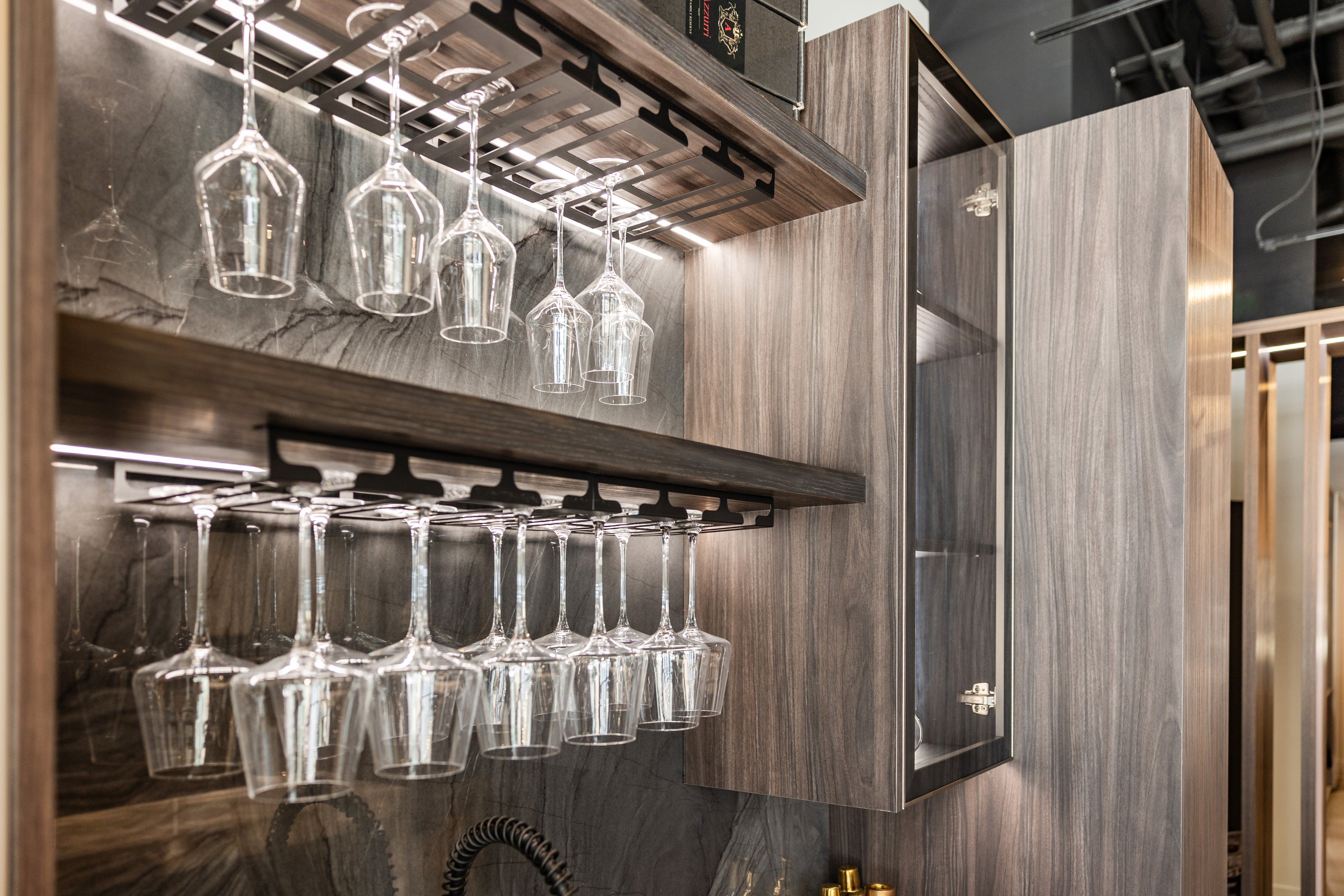 Azzurri Casa Modern Wood Paneled Wet Wine Bar with Wine Wall and Onyx Countertops