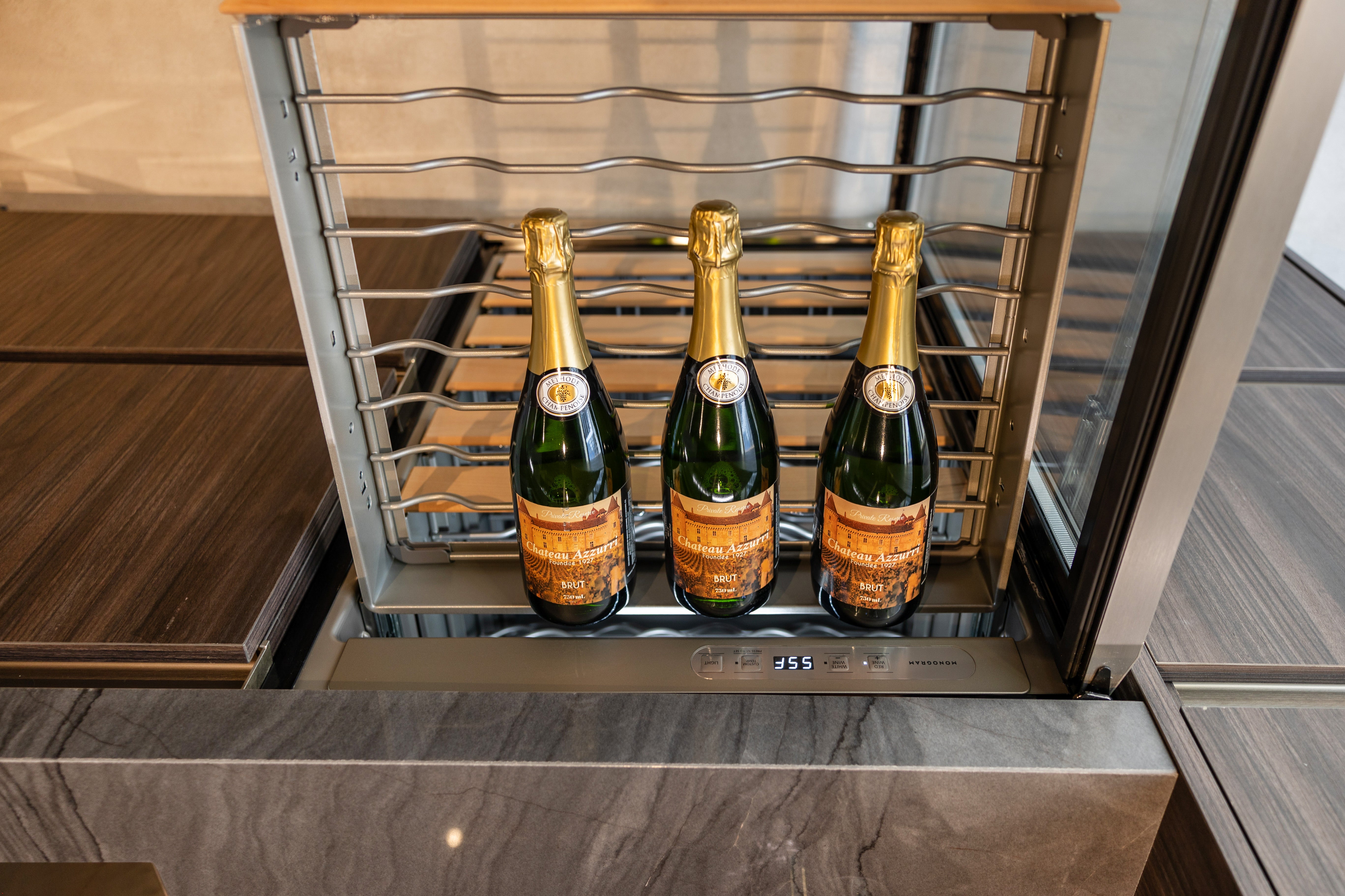 Azzurri Casa Modern Wood Paneled Wet Wine Bar with Wine Wall and Onyx Countertops