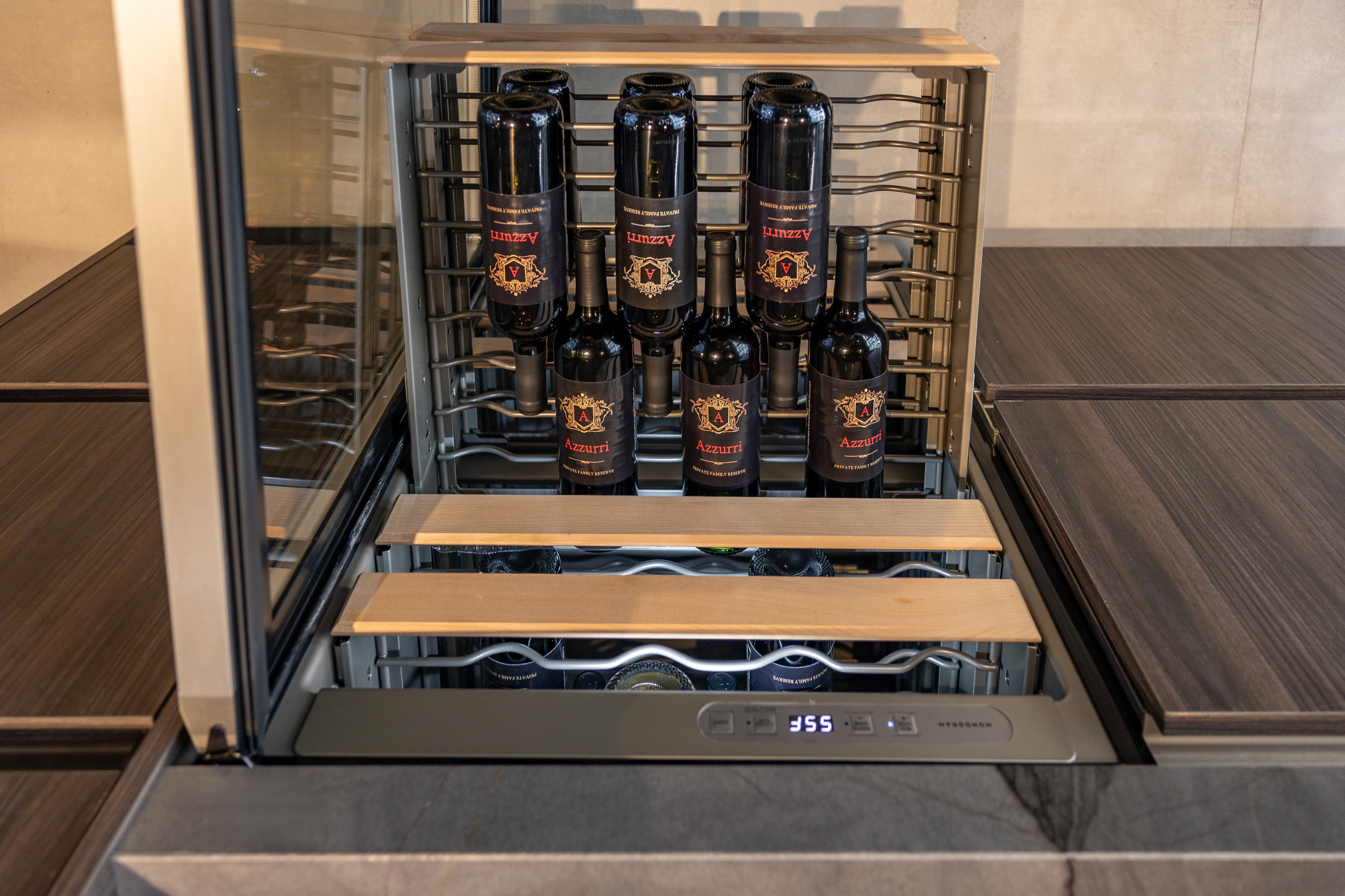 Azzurri Casa Modern Wood Paneled Wet Wine Bar with Wine Wall and Onyx Countertops