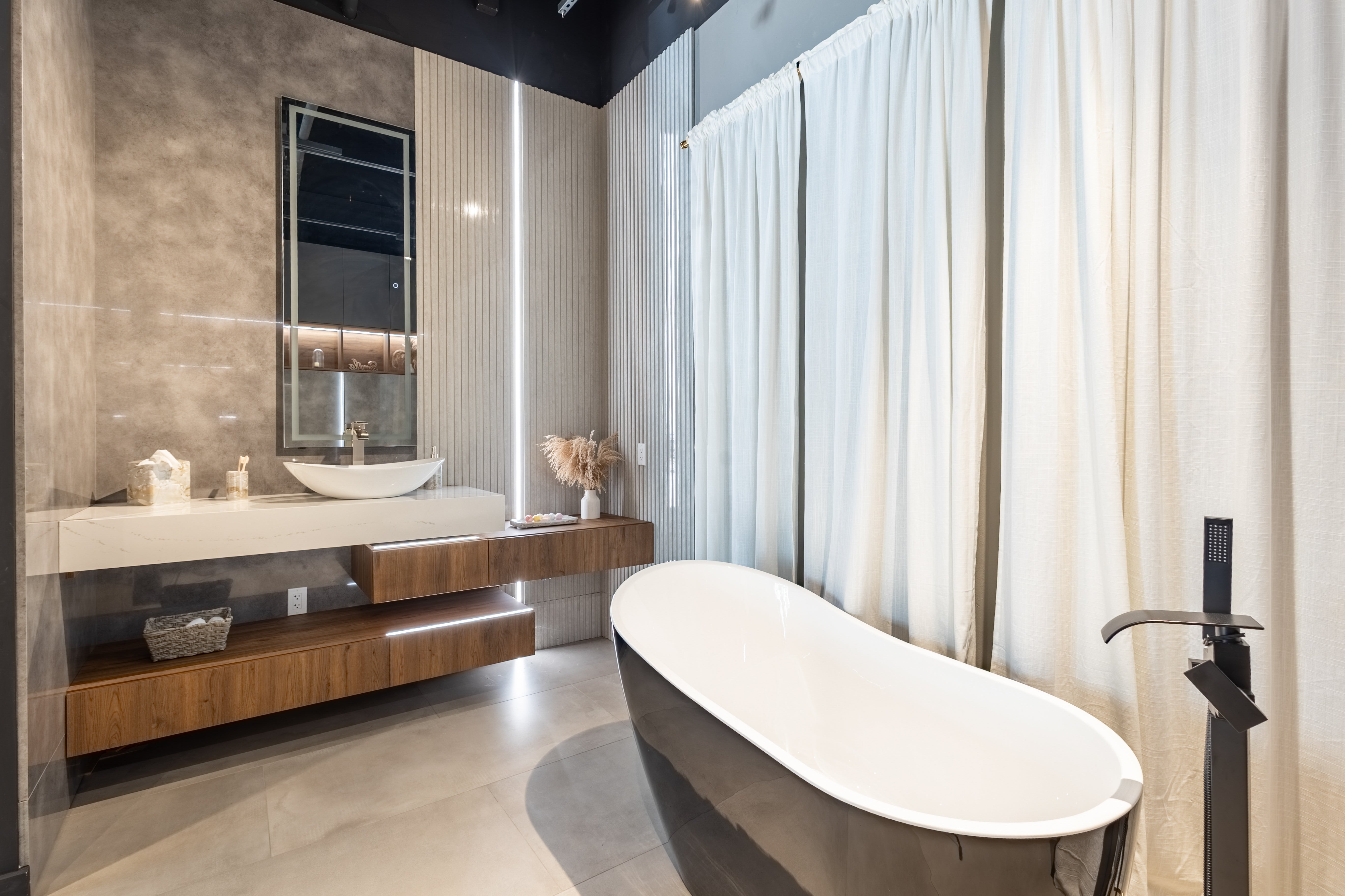 Azzurri Casa Wood Paneled and Matte White Complete Modern Bathroom with Oval Bathtub