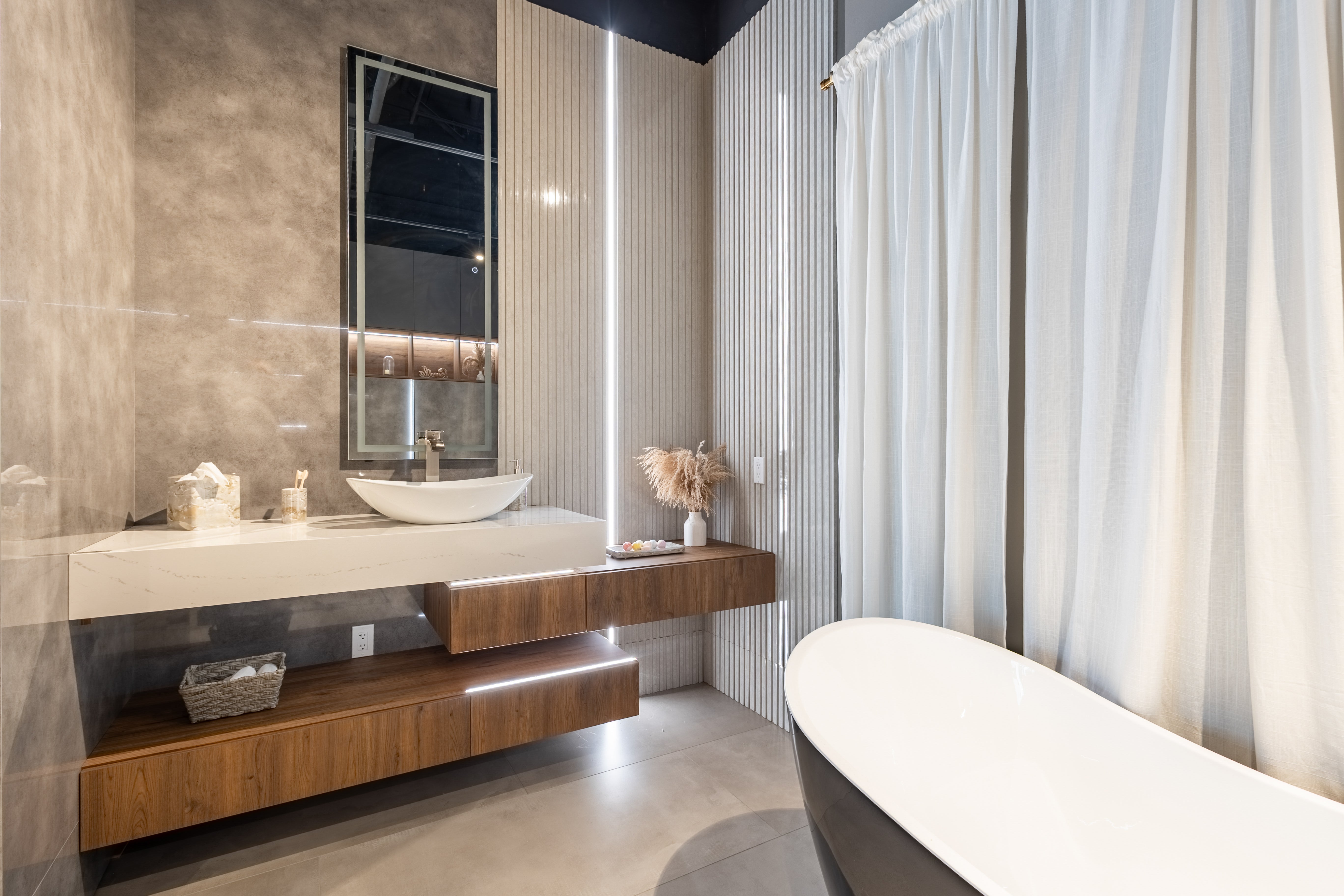 Azzurri Casa Wood Paneled and Matte White Complete Modern Bathroom with Oval Bathtub
