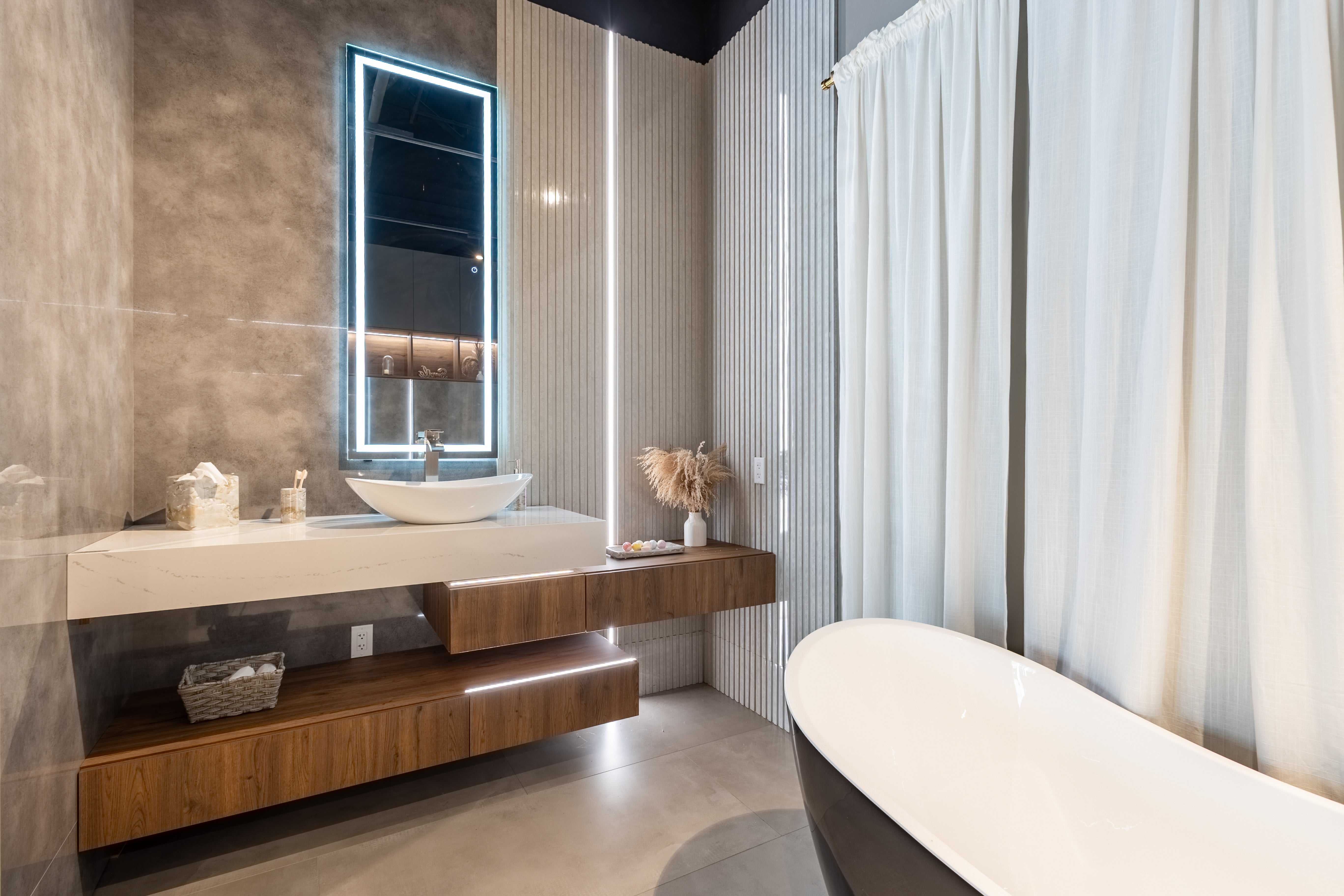 Azzurri Casa Wood Paneled and Matte White Complete Modern Bathroom with Oval Bathtub