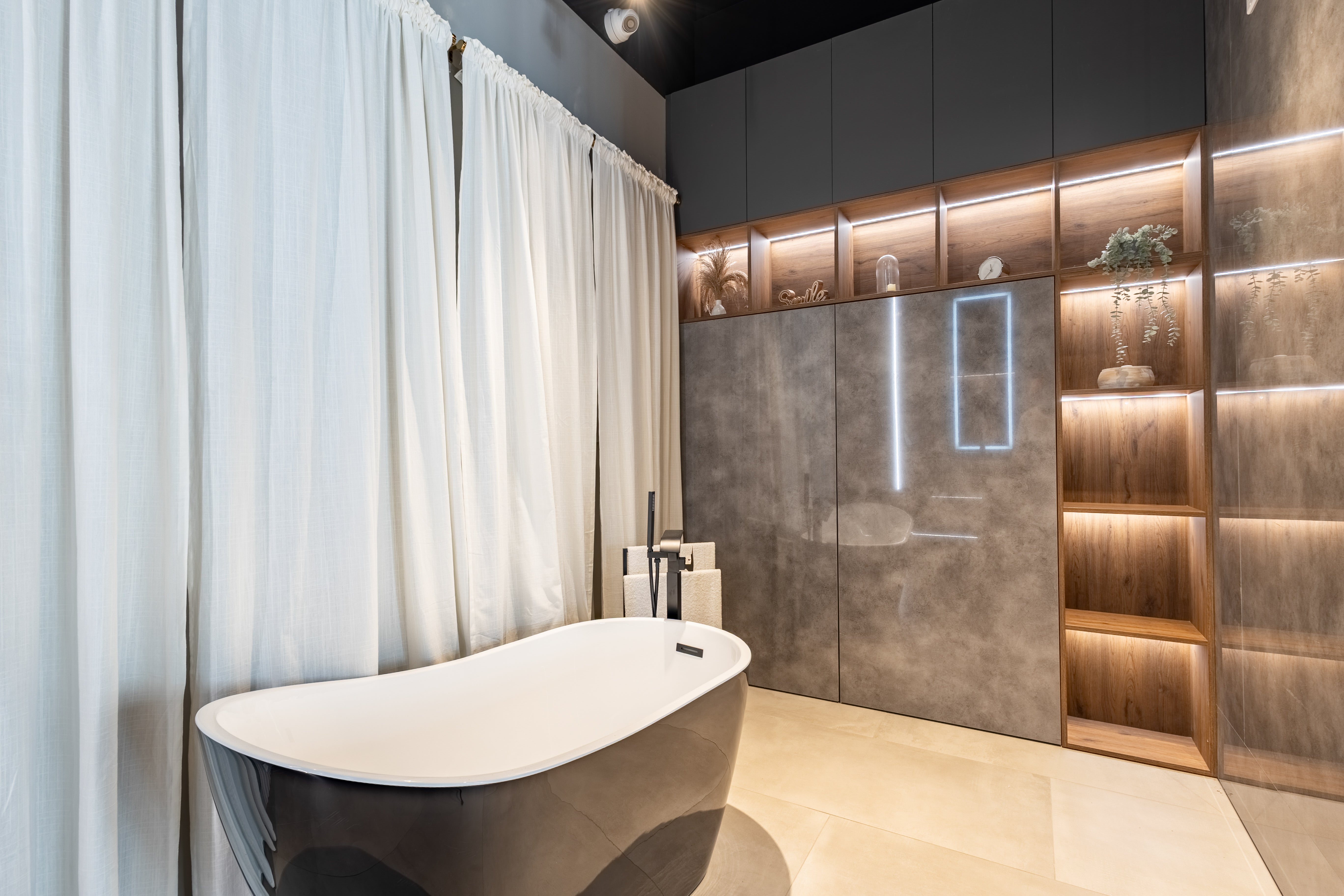 Azzurri Casa Wood Paneled and Matte White Complete Modern Bathroom with Oval Bathtub