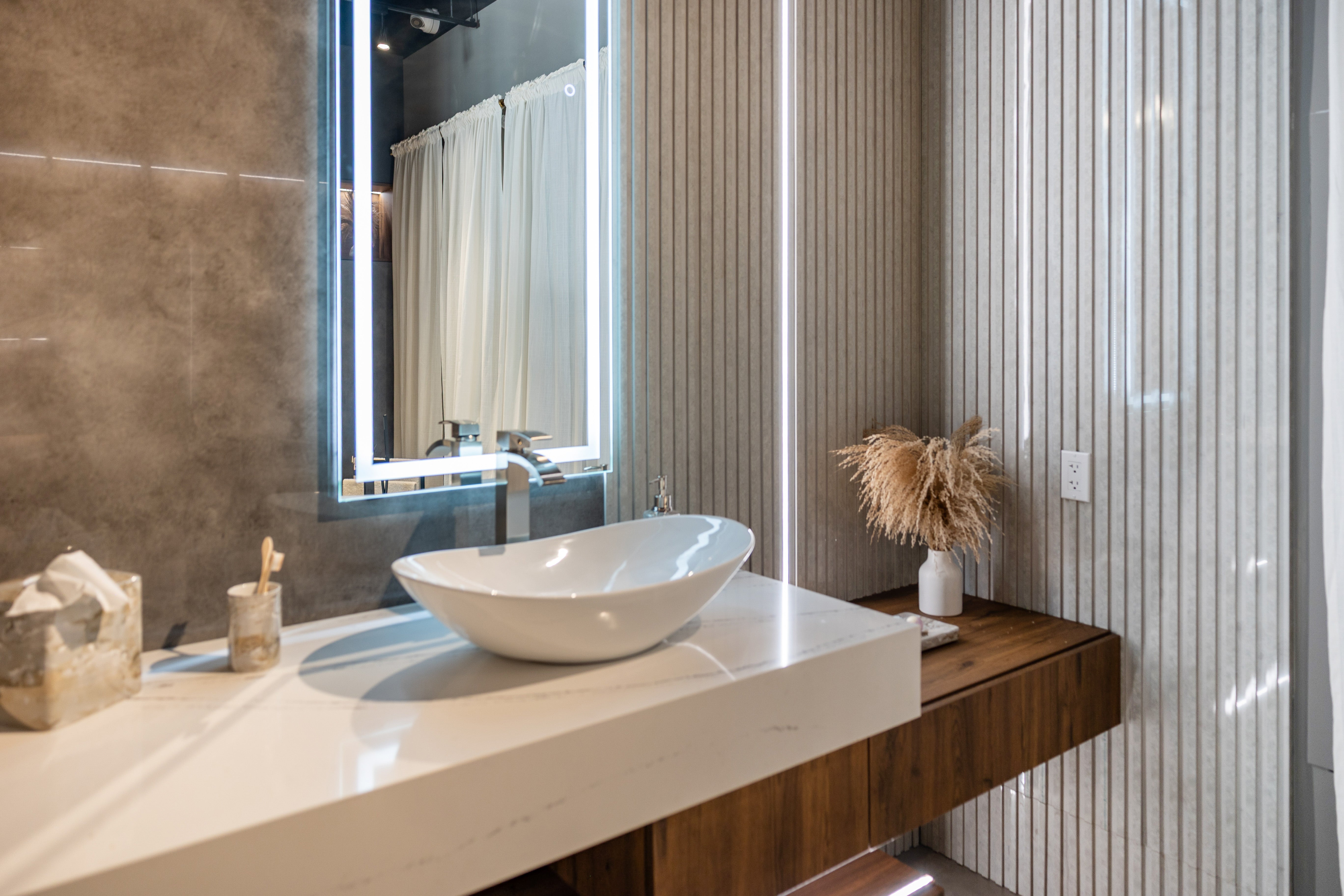 Azzurri Casa Wood Paneled and Matte White Complete Modern Bathroom with Oval Bathtub