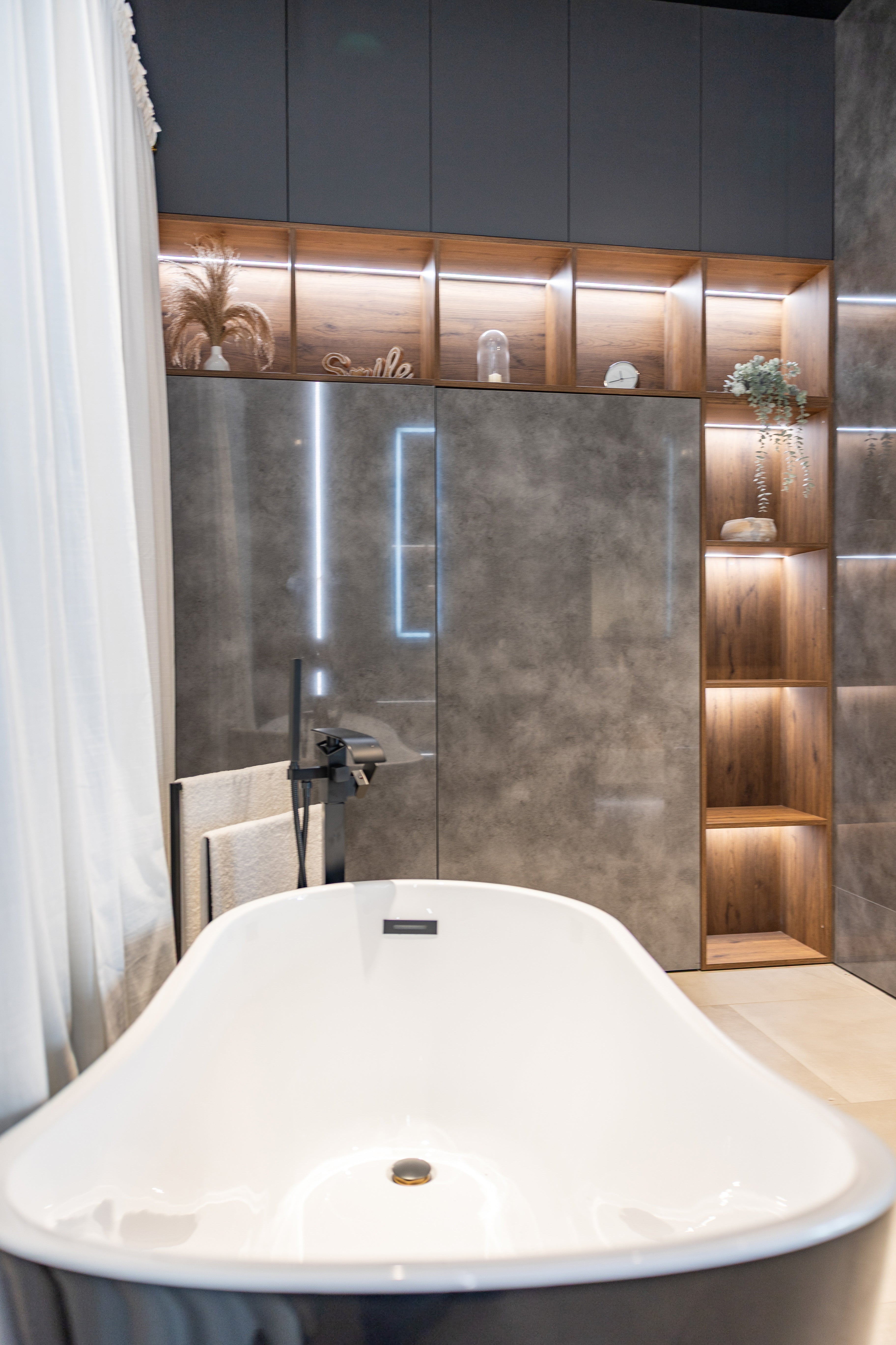 Azzurri Casa Wood Paneled and Matte White Complete Modern Bathroom with Oval Bathtub